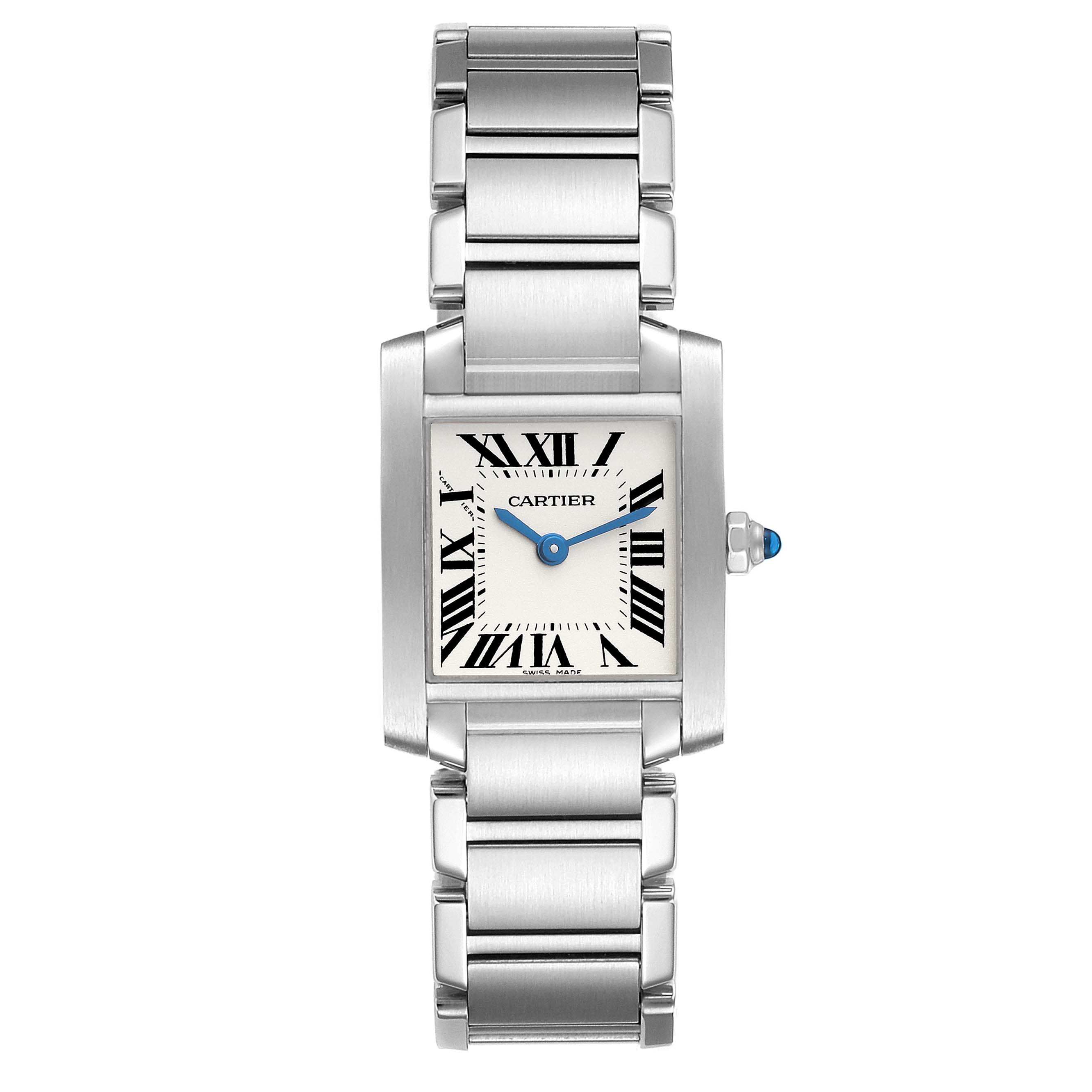 The image shows a Tank Francaise watch by Cartier, featuring a stainless steel bracelet and rectangular face from a top-down angle.