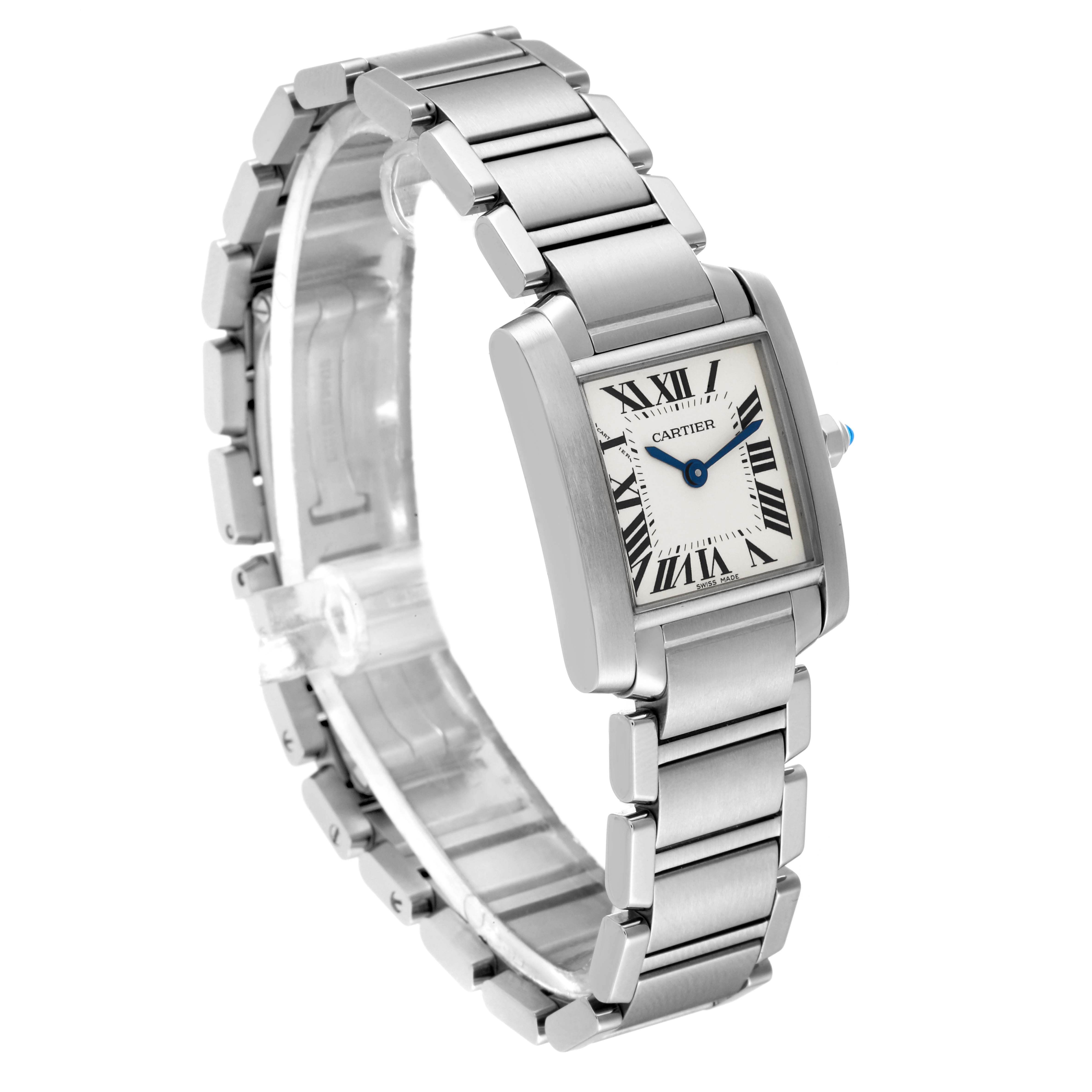 The image shows a Cartier Tank Francaise W51008Q3 Women
s Stainless Steel Silver Dial W51008Q3 Women
s Stainless Steel Silver Dial watch from a side angle, highlighting its rectangular face and metal bracelet.