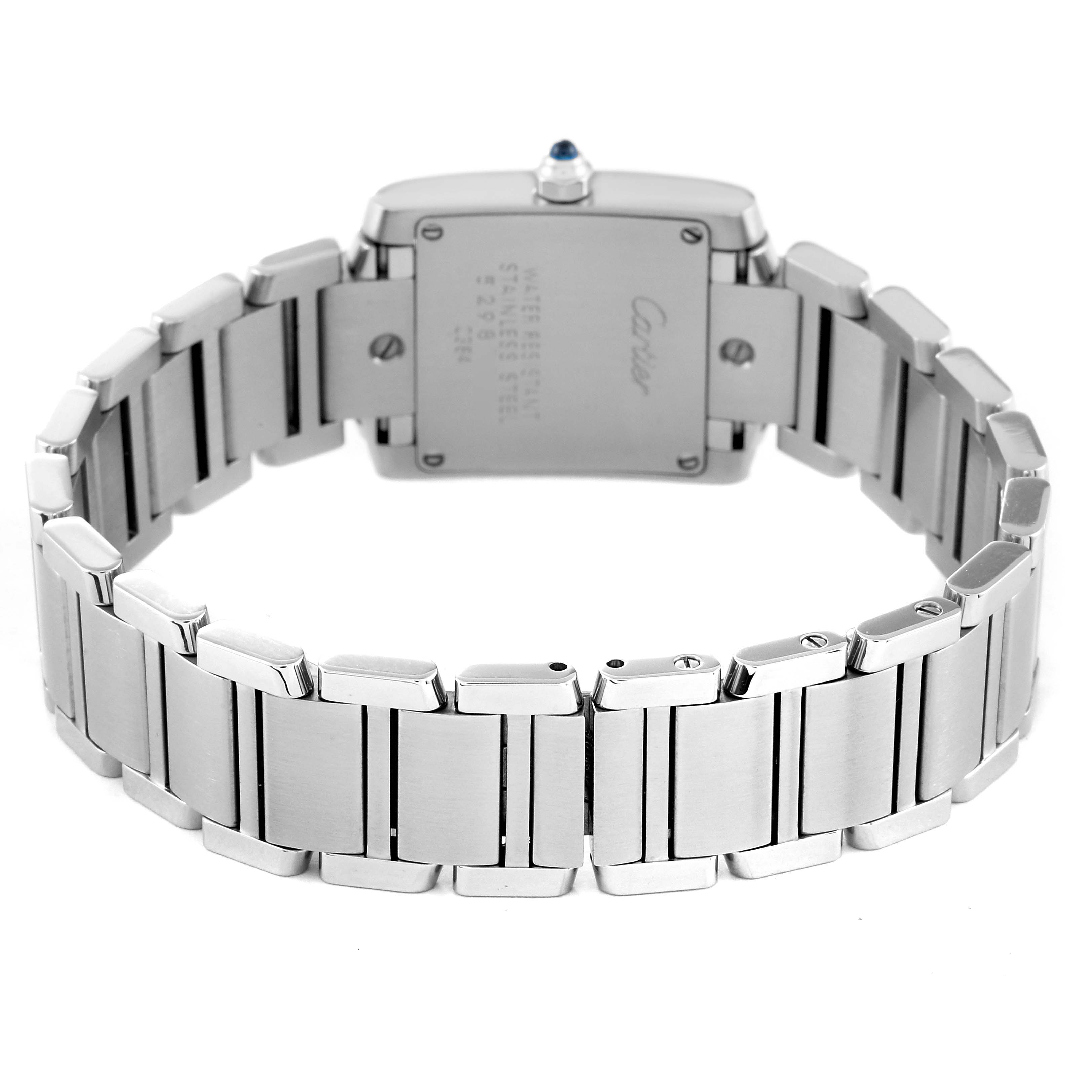 The image shows the back view of the Cartier Tank Francaise W51008Q3 Women
s Stainless Steel Silver Dial W51008Q3 Women
s Stainless Steel Silver Dial watch, highlighting the bracelet and case back.