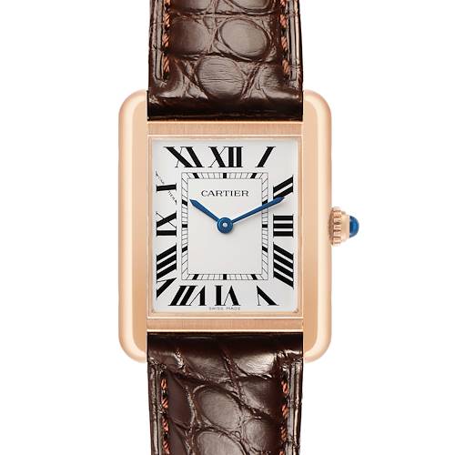 The Cartier Tank Solo W5200002 Women's Steel and Gold (two tone) Silver Dial watch is shown from a front view, highlighting the dial, Roman numerals, blue hands, and leather strap.