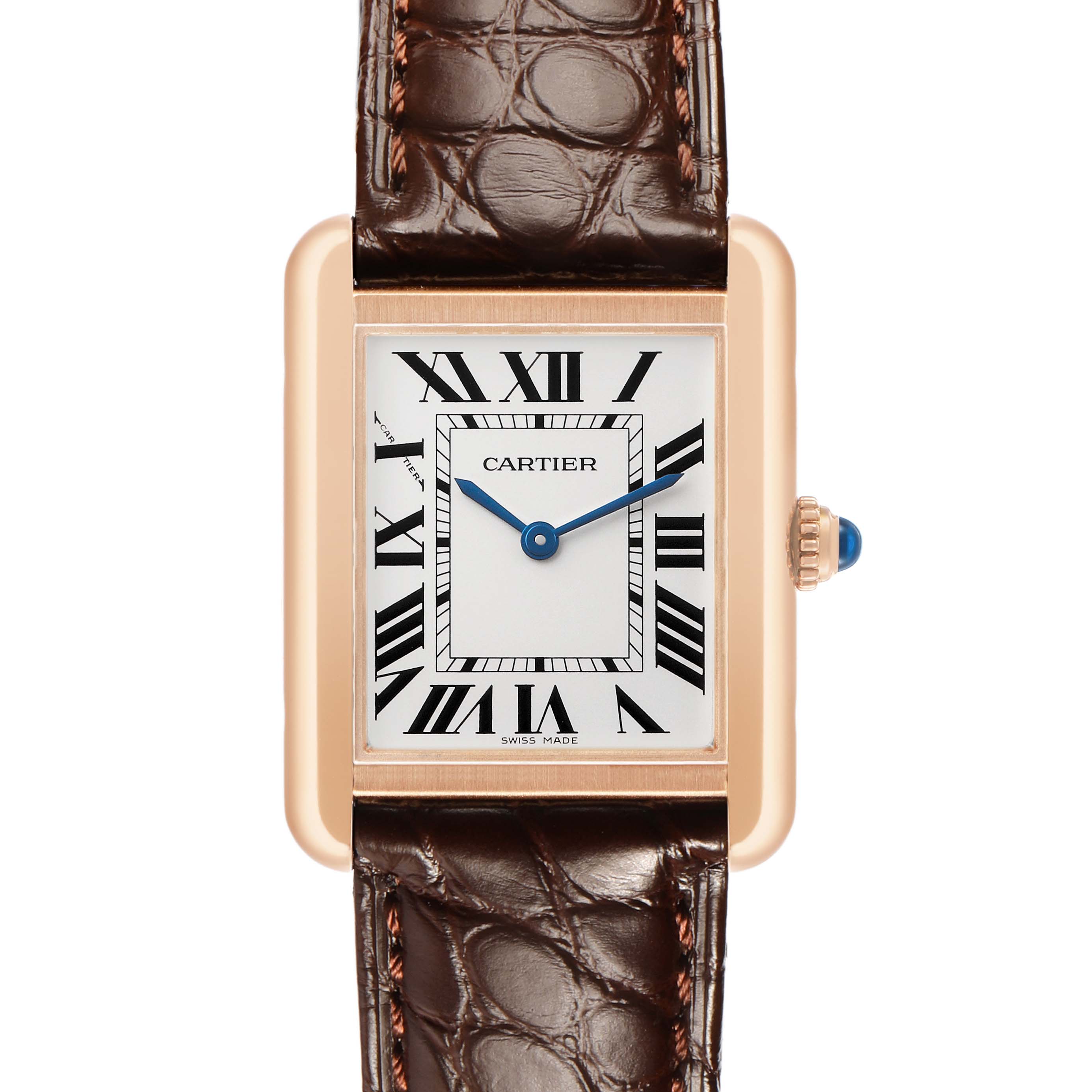The Cartier Tank Solo W5200002 Women's Steel and Gold (two tone) Silver Dial watch is shown from the front, highlighting its Roman numeral dial, blue hands, and brown leather strap.