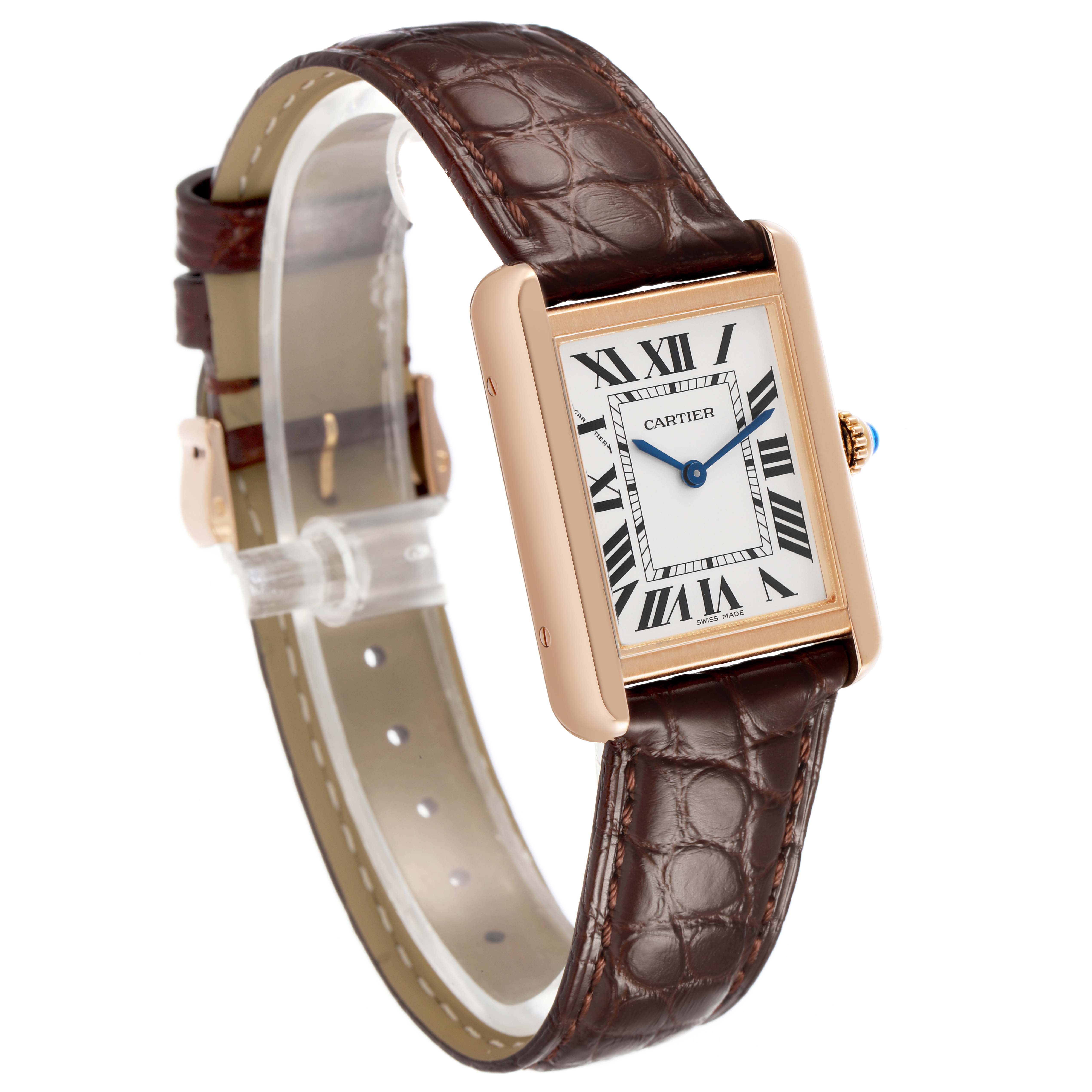 The Cartier Tank Solo W5200002 Women's Steel and Gold (two tone) Silver Dial watch is shown from a three-quarter angle, displaying its rectangular face, blue hands, and brown leather strap.
