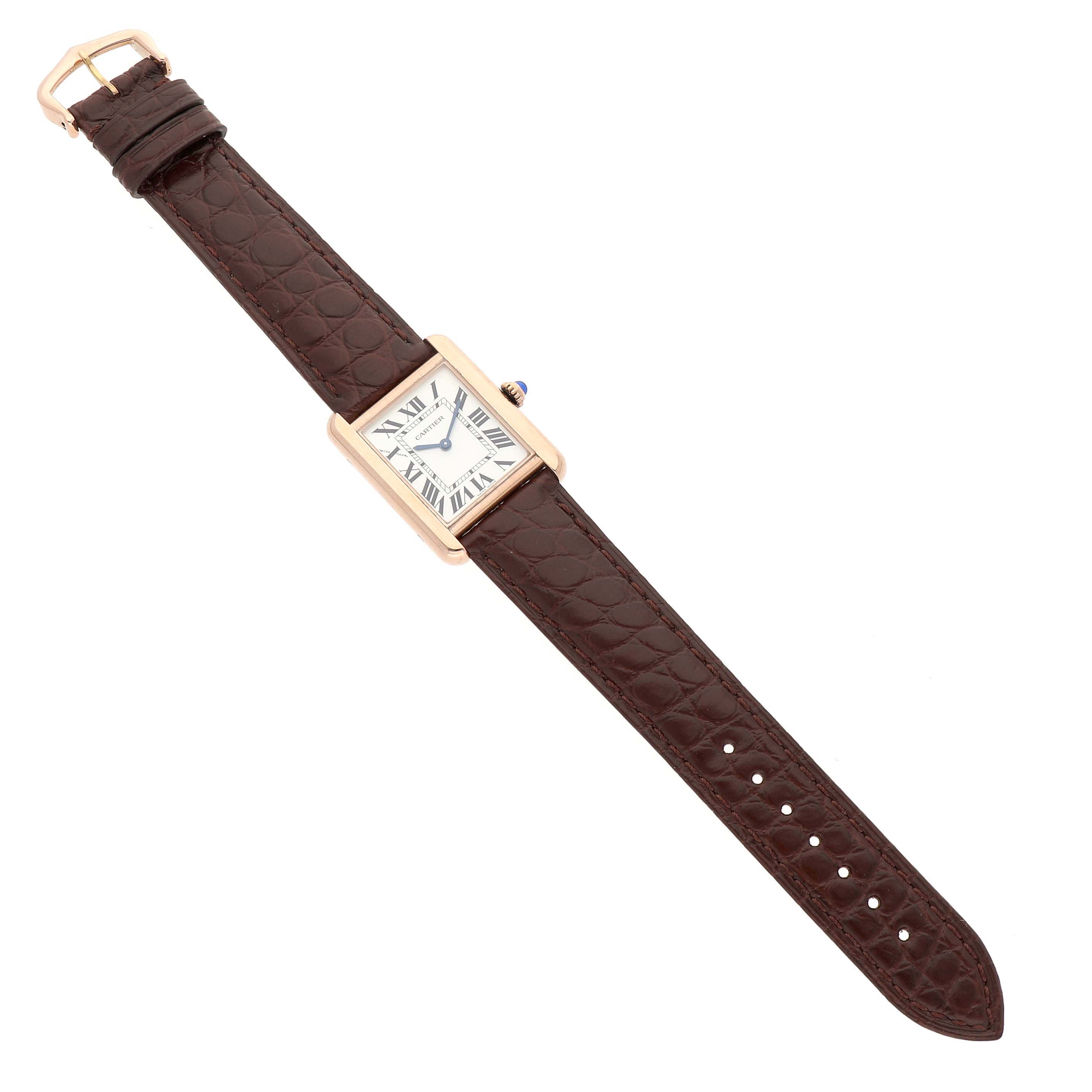 The Cartier Tank Solo W5200002 Women's Steel and Gold (two tone) Silver Dial watch is shown in a top-down view, displaying its rectangular face and leather strap.