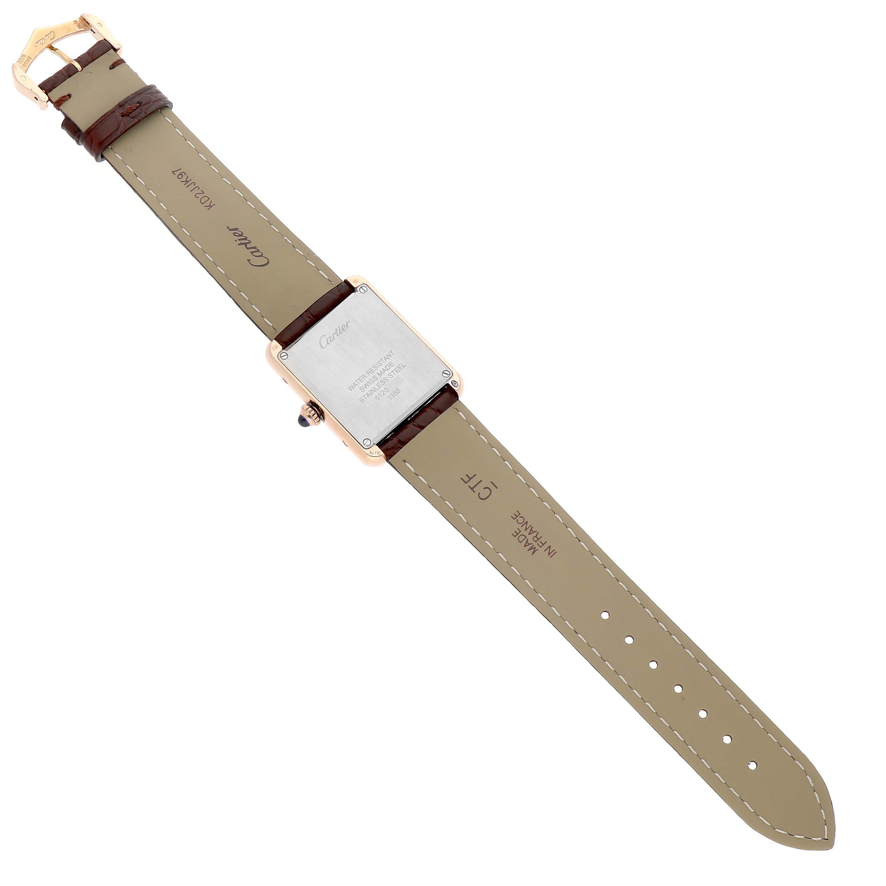 The Cartier Tank Solo W5200002 Women's Steel and Gold (two tone) Silver Dial watch is shown from the back, displaying the case back, strap, and buckle.