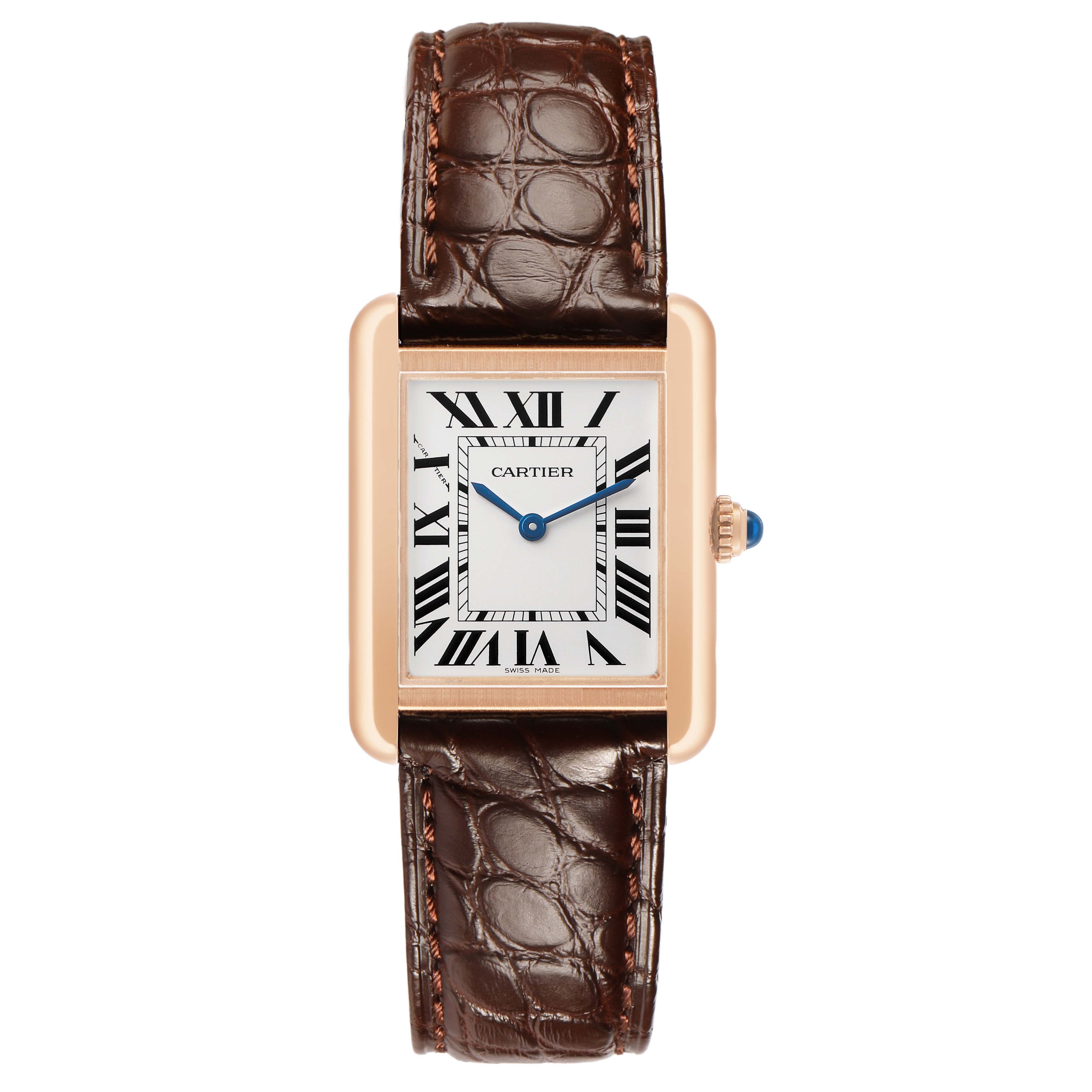 The Cartier Tank Solo W5200002 Women's Steel and Gold (two tone) Silver Dial watch is shown from a front angle, displaying the face, Roman numerals, and brown leather strap.