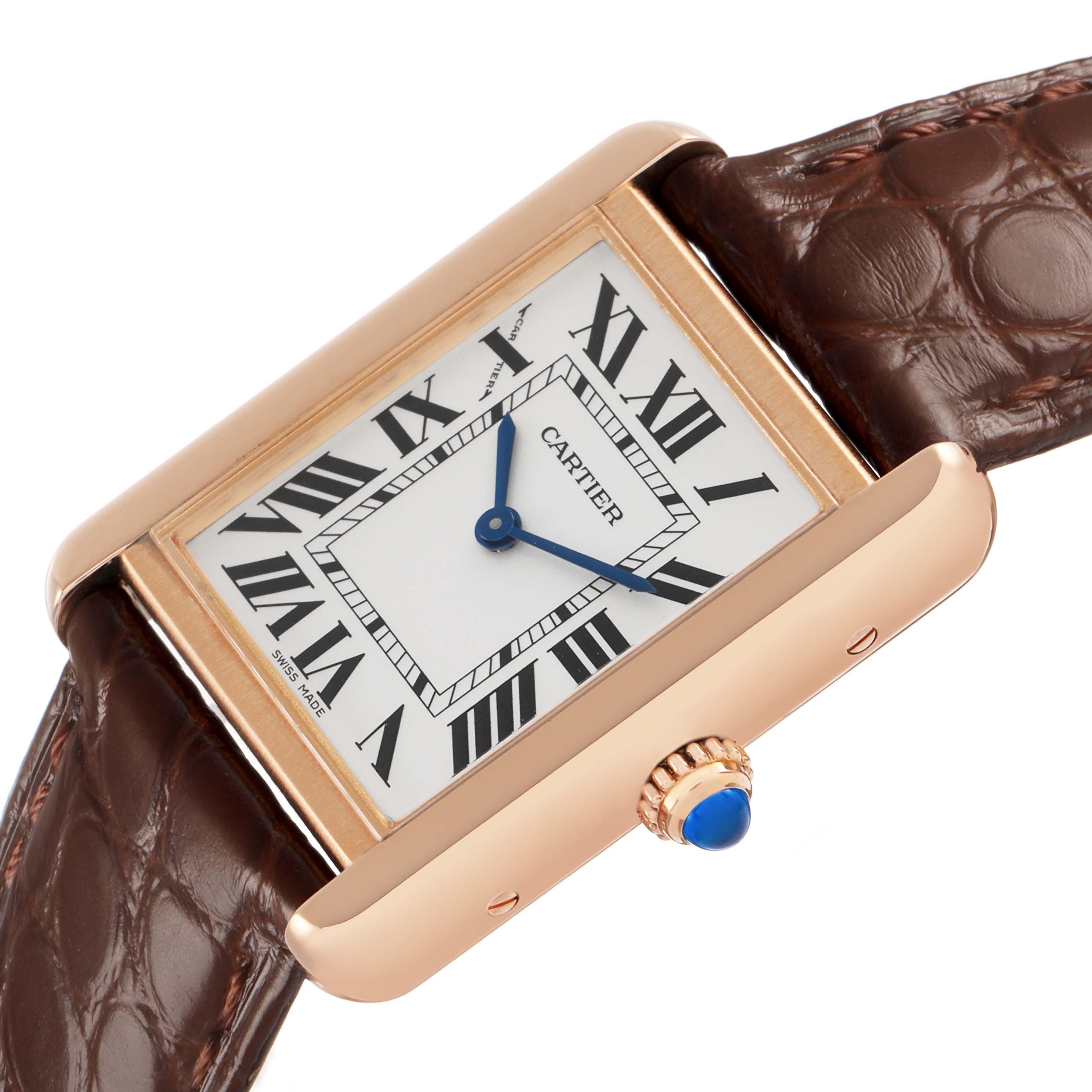 The Cartier Tank Solo W5200002 Women's Steel and Gold (two tone) Silver Dial watch is shown from an angled top view, highlighting the face, bezel, and brown leather strap.