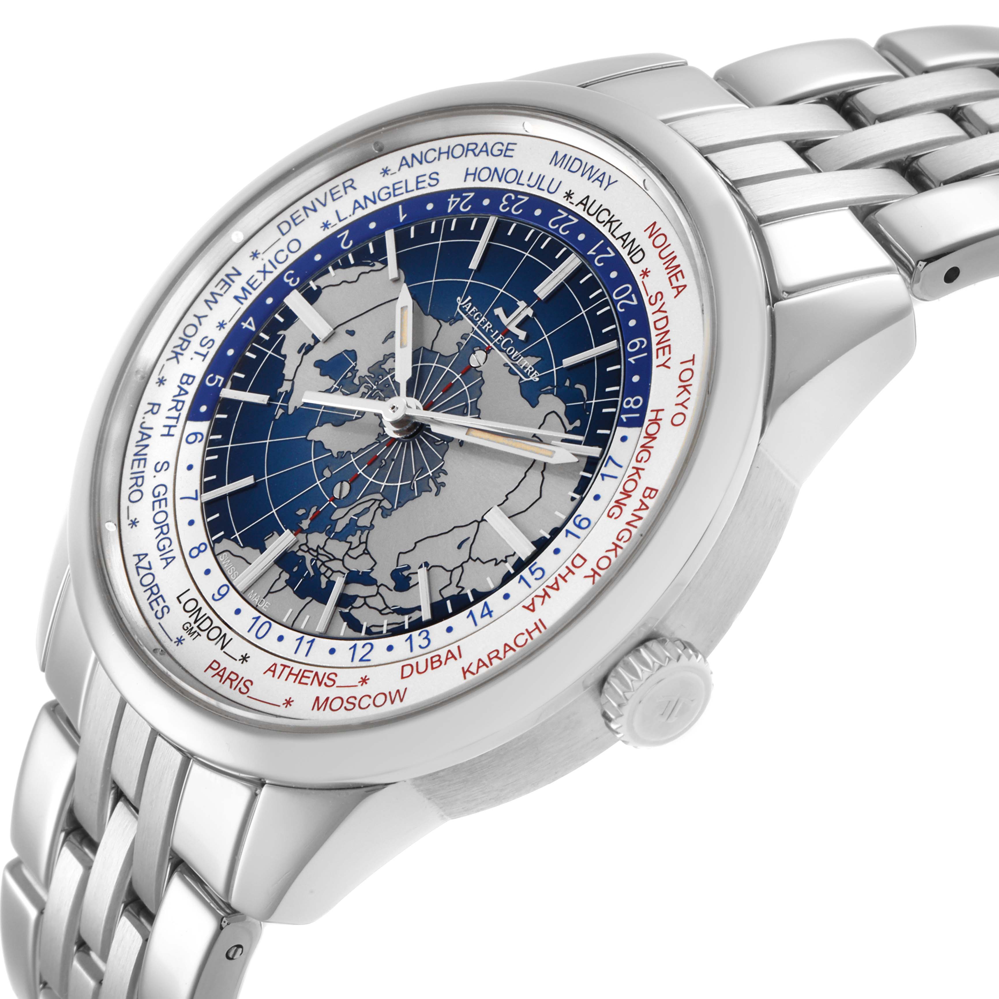 The Jaeger LeCoultre Geophysic Q8108420 Men's Stainless Steel Blue Dial watch is shown at an angled view, highlighting the face, world time display, and metal bracelet.