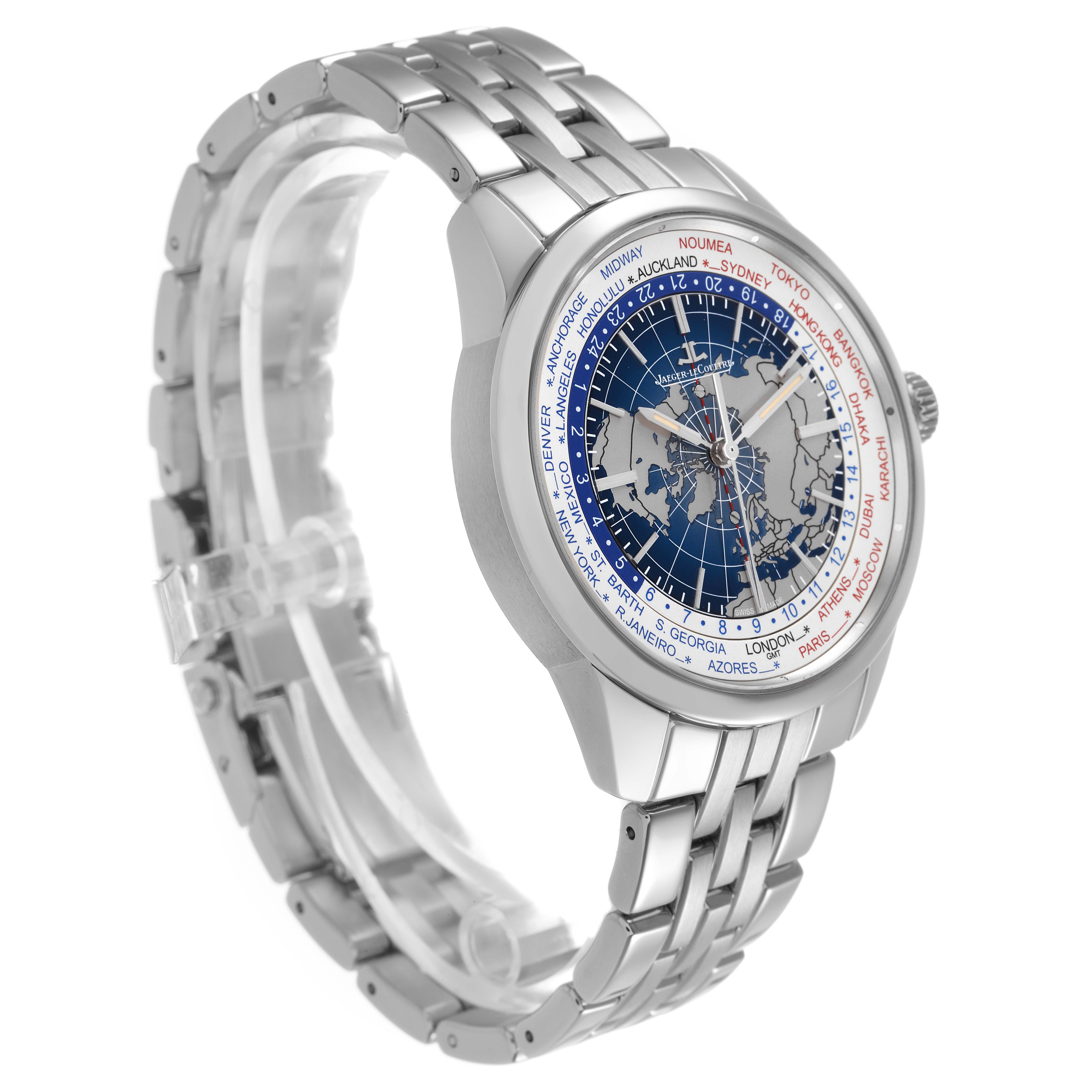 The Jaeger LeCoultre Geophysic Q8108420 Men's Stainless Steel Blue Dial watch is shown at a three-quarter angle, displaying its face, bezel, case, and bracelet.