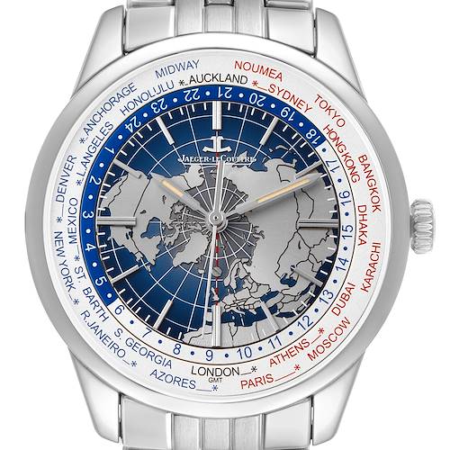 The Jaeger LeCoultre Geophysic Q8108420 Men's Stainless Steel Blue Dial watch is shown from a top-down angle, highlighting its world time dial with city names and time zones.