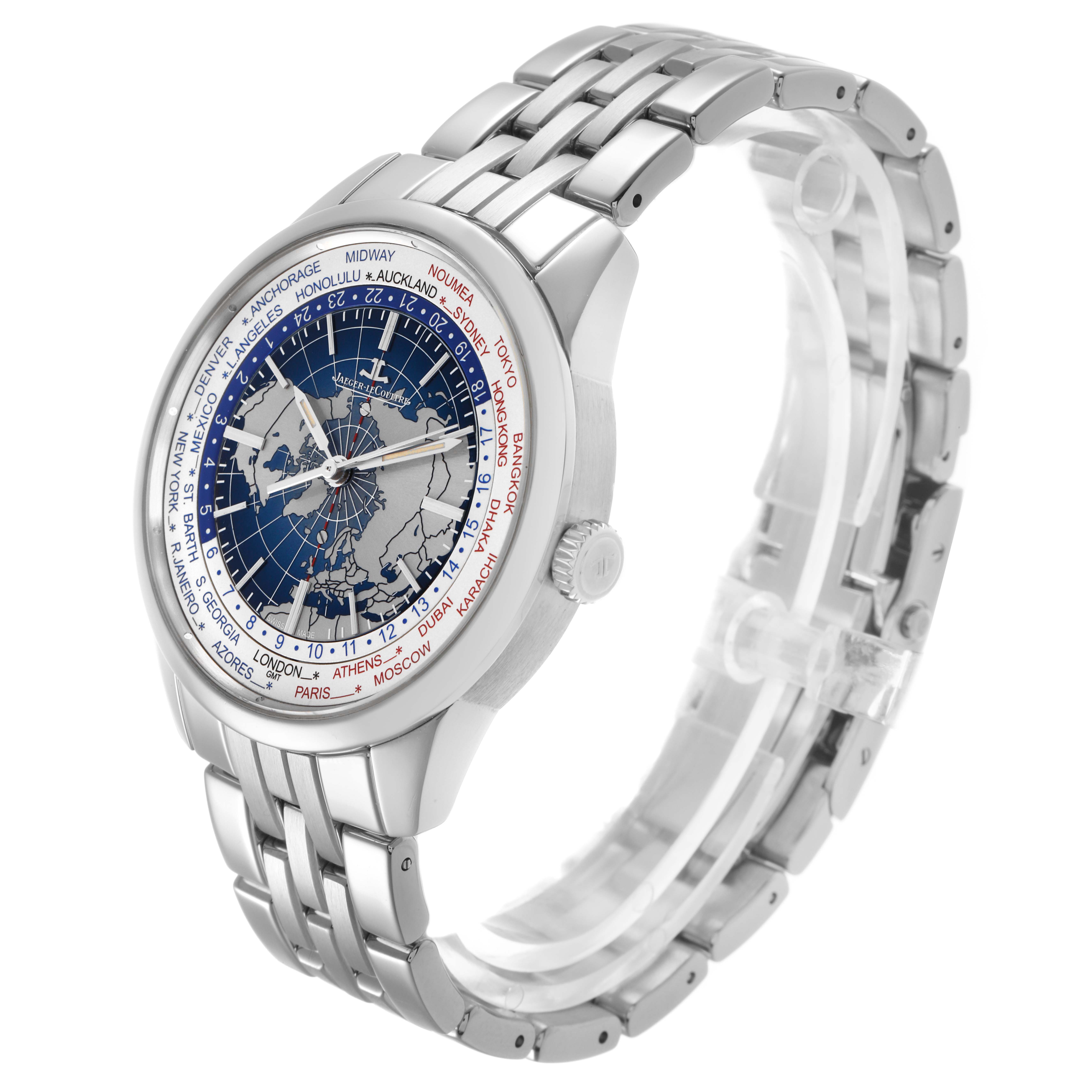 The Jaeger LeCoultre Geophysic Q8108420 Men's Stainless Steel Blue Dial watch is shown at an angled side view, highlighting the dial, crown, and stainless steel bracelet.