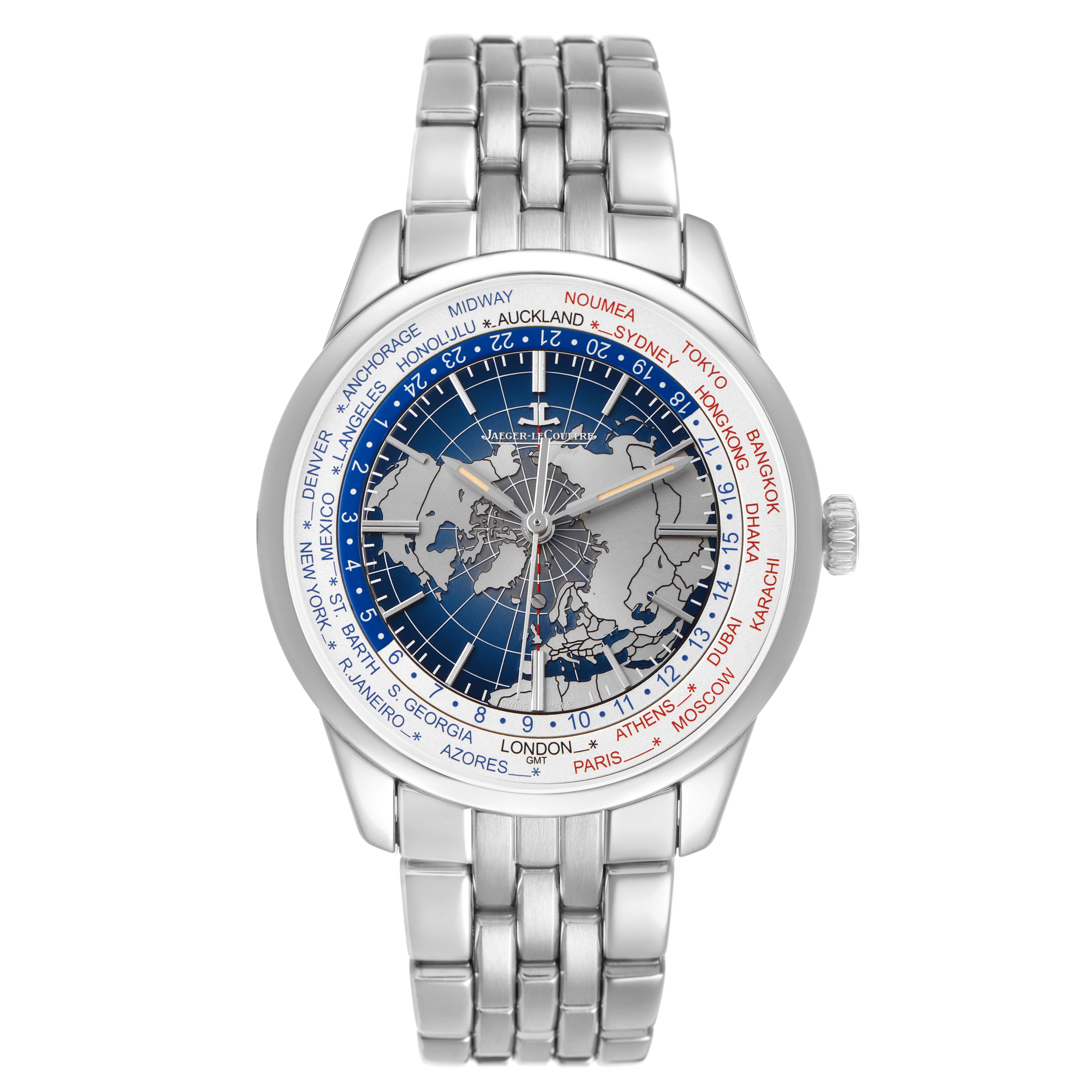 The Jaeger LeCoultre Geophysic Q8108420 Men's Stainless Steel Blue Dial watch is shown from a top-down angle, displaying its face and bracelet.