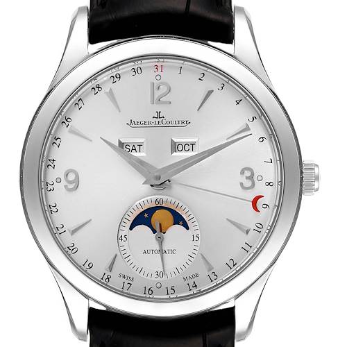 The Jaeger LeCoultre Master Q1558420 / 176.8.12.S Men's Stainless Steel Silver Dial watch is shown from a frontal angle, featuring a silver dial with a moon phase, date, day, and month indicators.