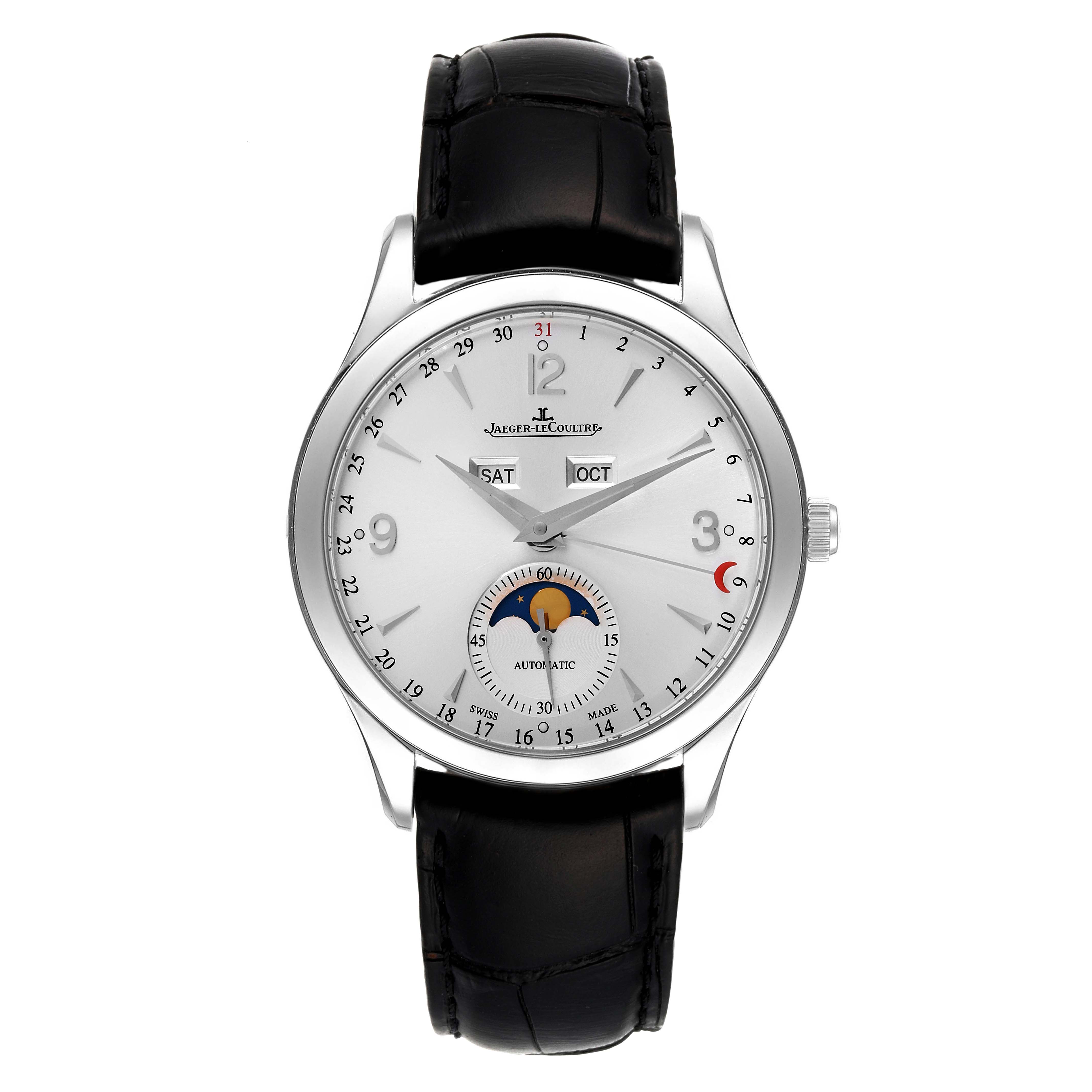 The Jaeger LeCoultre Master Q1558420 / 176.8.12.S Men's Stainless Steel Silver Dial model watch is shown from a front angle, displaying the face with date, day, and moon phase features.