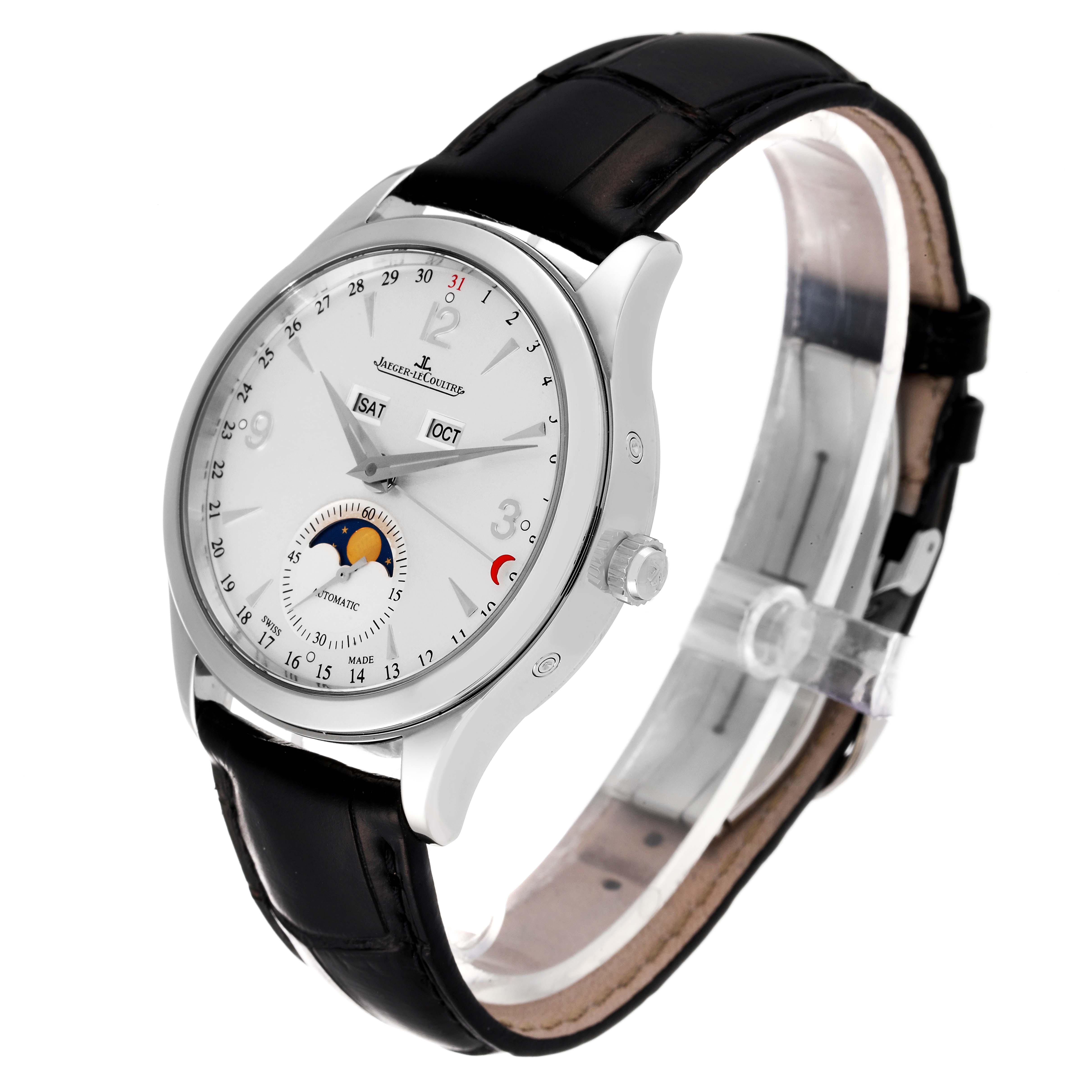 The Jaeger-LeCoultre Master model watch is shown at a tilted angle highlighting the dial, crown, and leather strap.