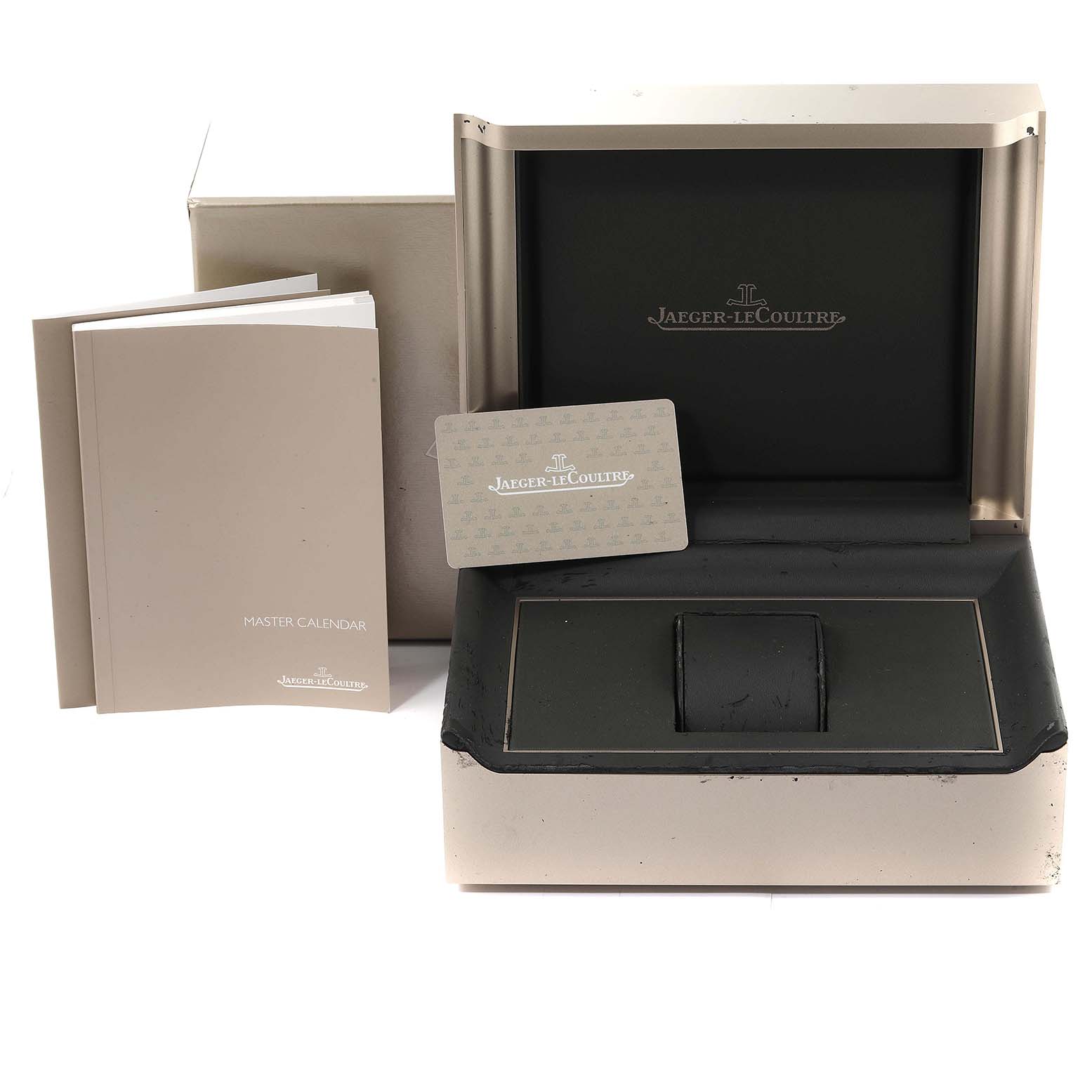 The image shows a Jaeger-LeCoultre Master watch box, warranty card, and user manuals from a frontal angle.