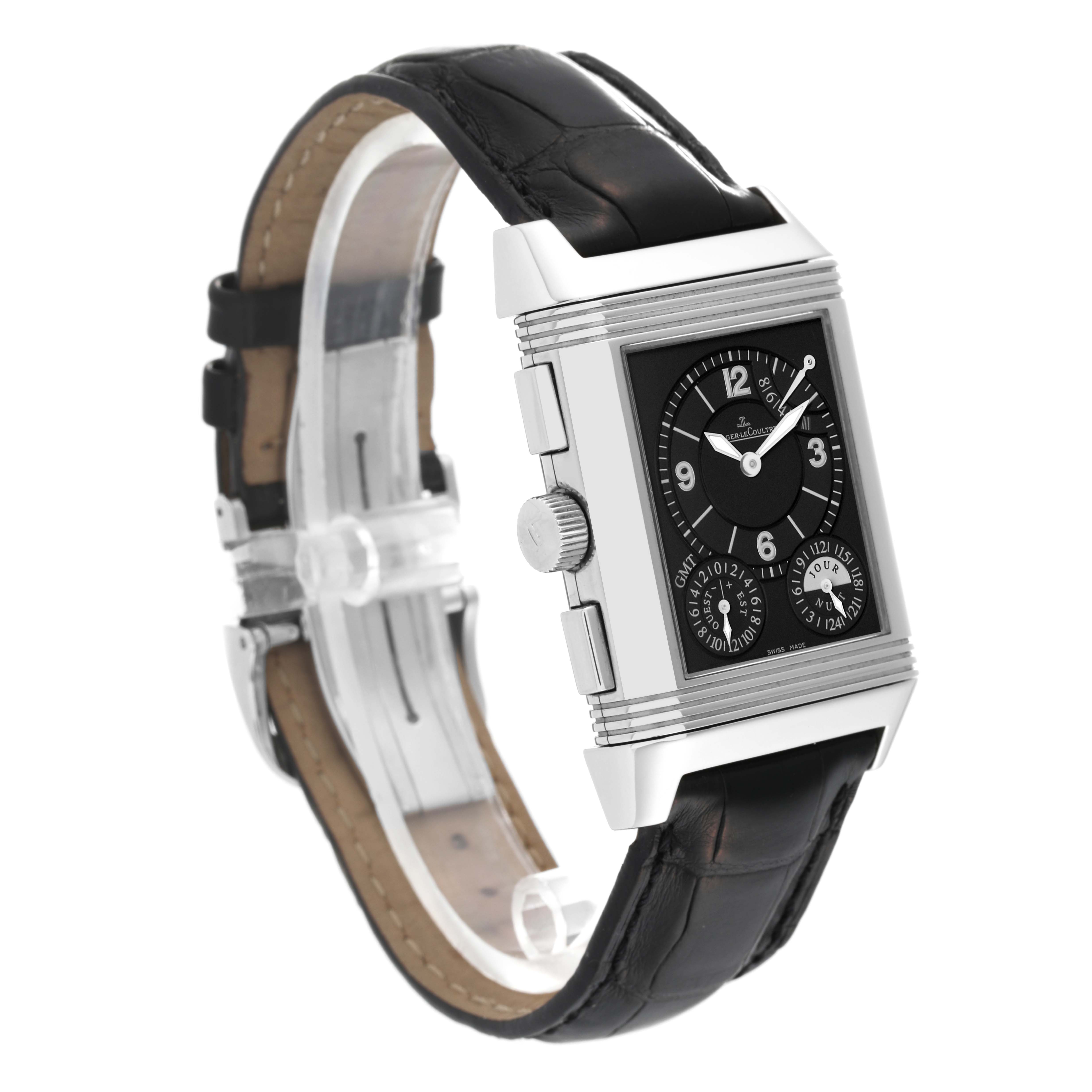 The image shows a side angle view of a Jaeger LeCoultre Reverso Q3028420 Men's Stainless Steel Silver Dial Q3028420 Men's Stainless Steel Silver Dial watch, displaying both the watch face and the black leather strap.