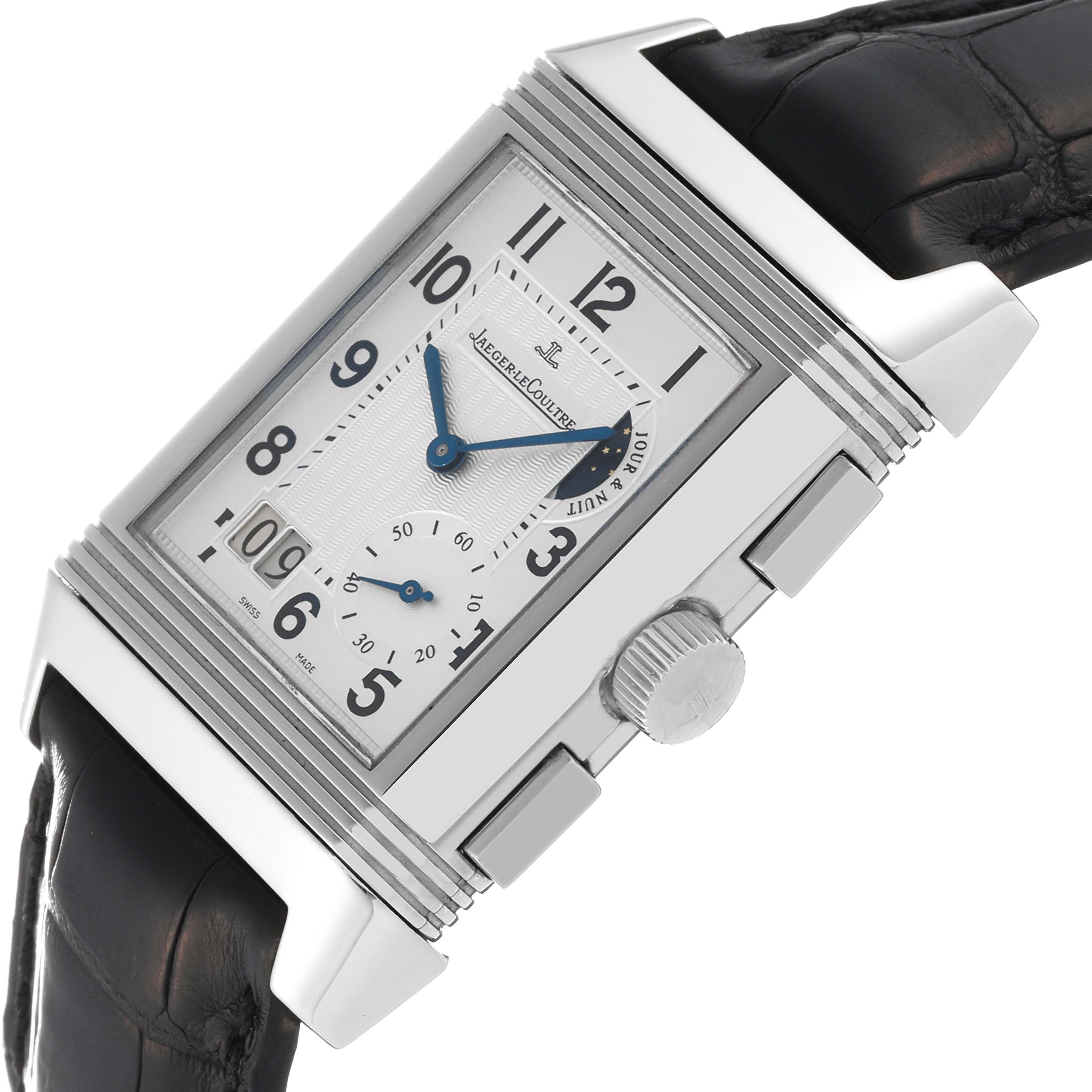This Jaeger LeCoultre Reverso Q3028420 Men's Stainless Steel Silver Dial Q3028420 Men's Stainless Steel Silver Dial watch is shown at a slight angle, displaying the front face, crown, and partial strap.