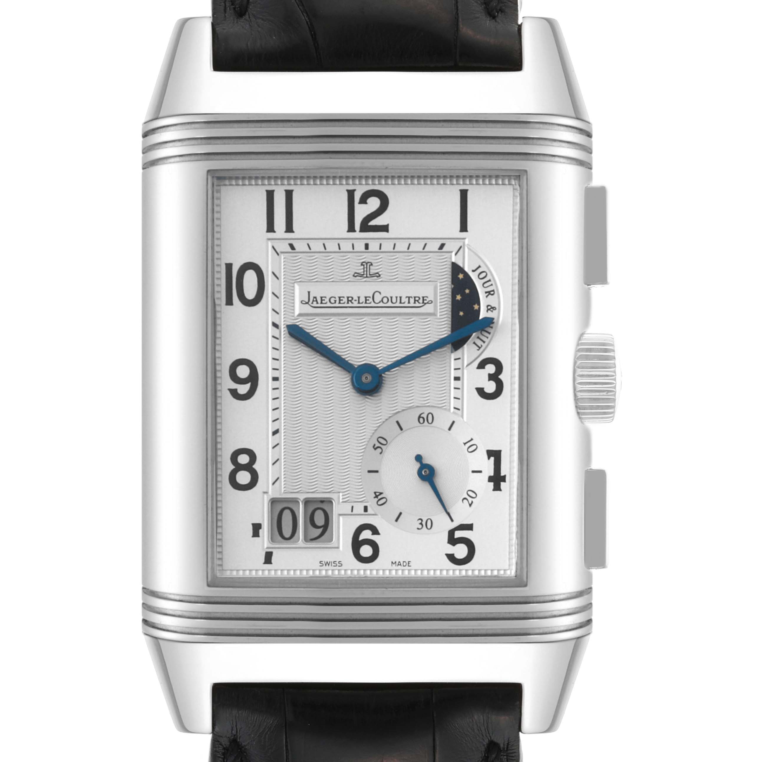The image shows a frontal view of the Jaeger-LeCoultre Reverso watch, highlighting its dial, case, and strap.