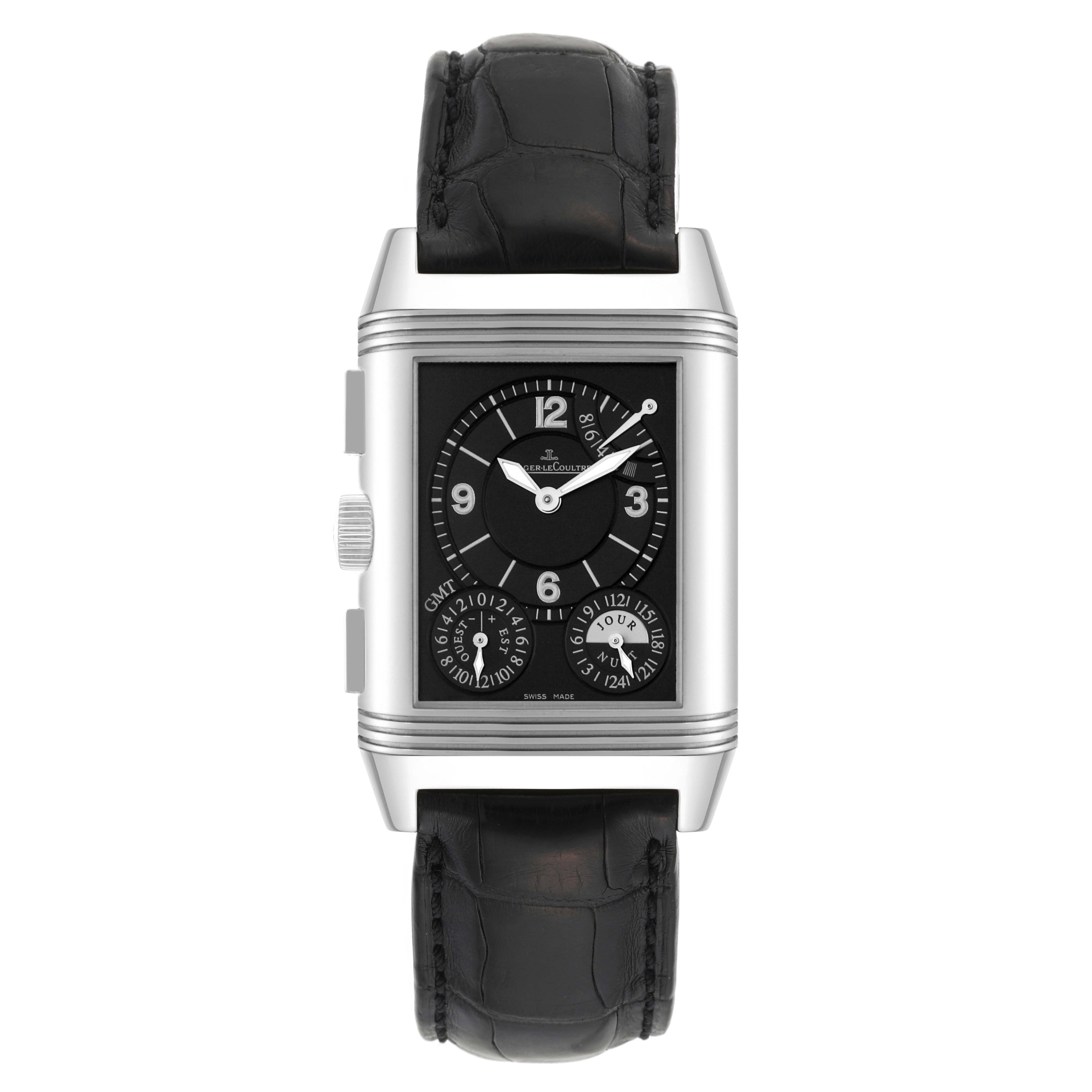 The image shows a front view of the Jaeger LeCoultre Reverso Q3028420 Men's Stainless Steel Silver Dial Q3028420 Men's Stainless Steel Silver Dial watch, highlighting its face, dial, complications, and leather strap.