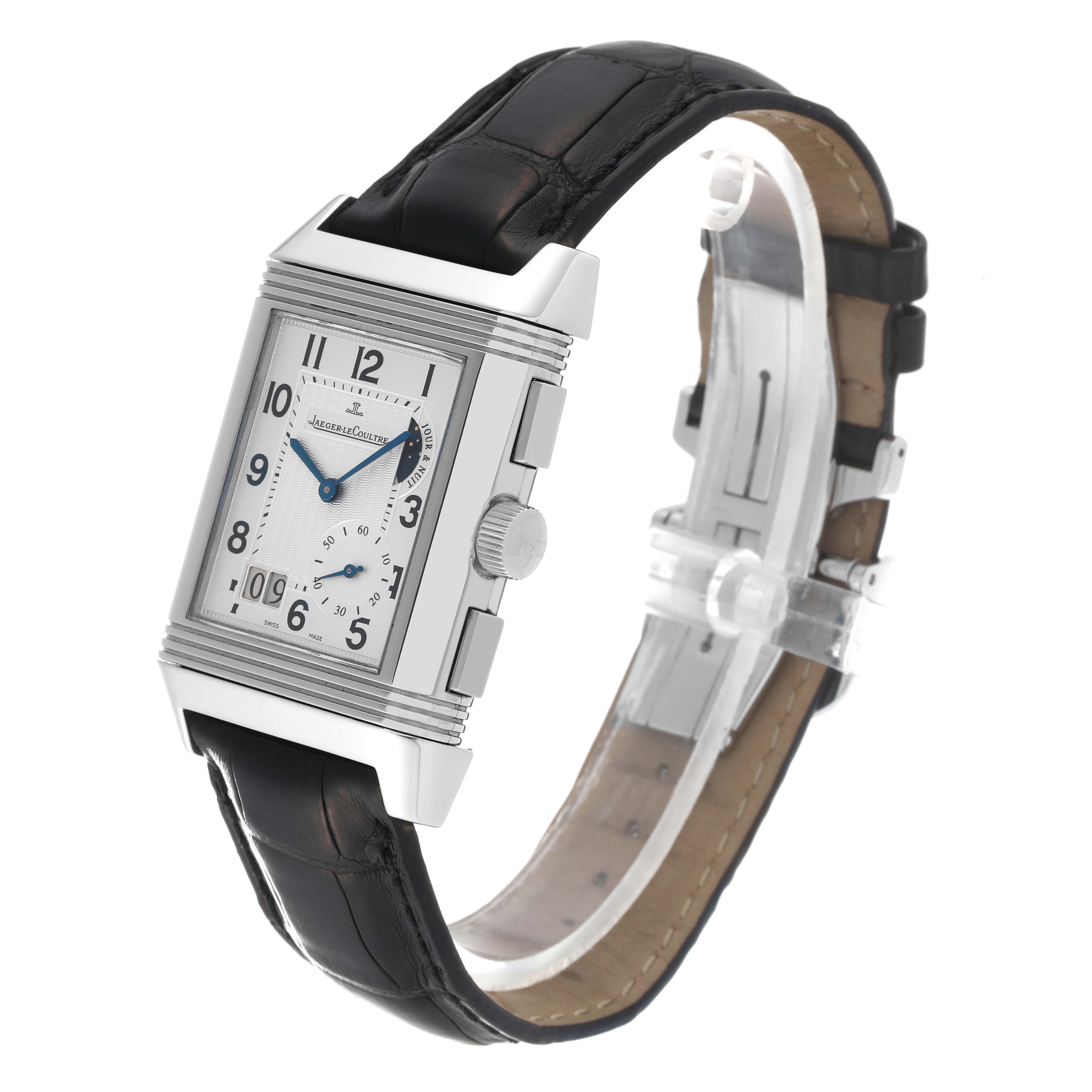 The image shows a Jaeger-LeCoultre Reverso watch from an angled view, highlighting the face, case, crown, and leather strap.