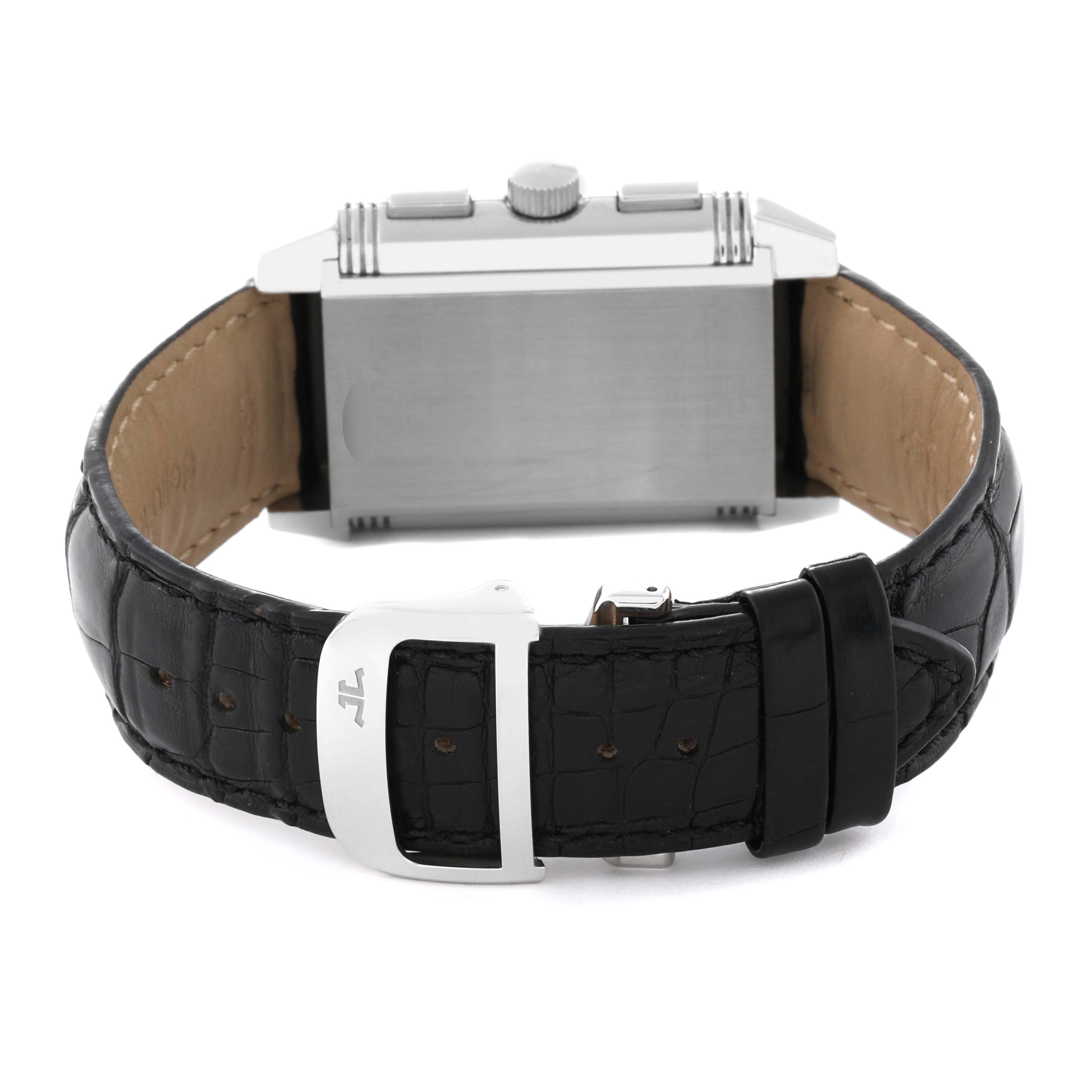 The image shows the Jaeger LeCoultre Reverso Q3028420 Men's Stainless Steel Silver Dial Q3028420 Men's Stainless Steel Silver Dial model from the back, highlighting its case, crown, and leather strap with buckle.