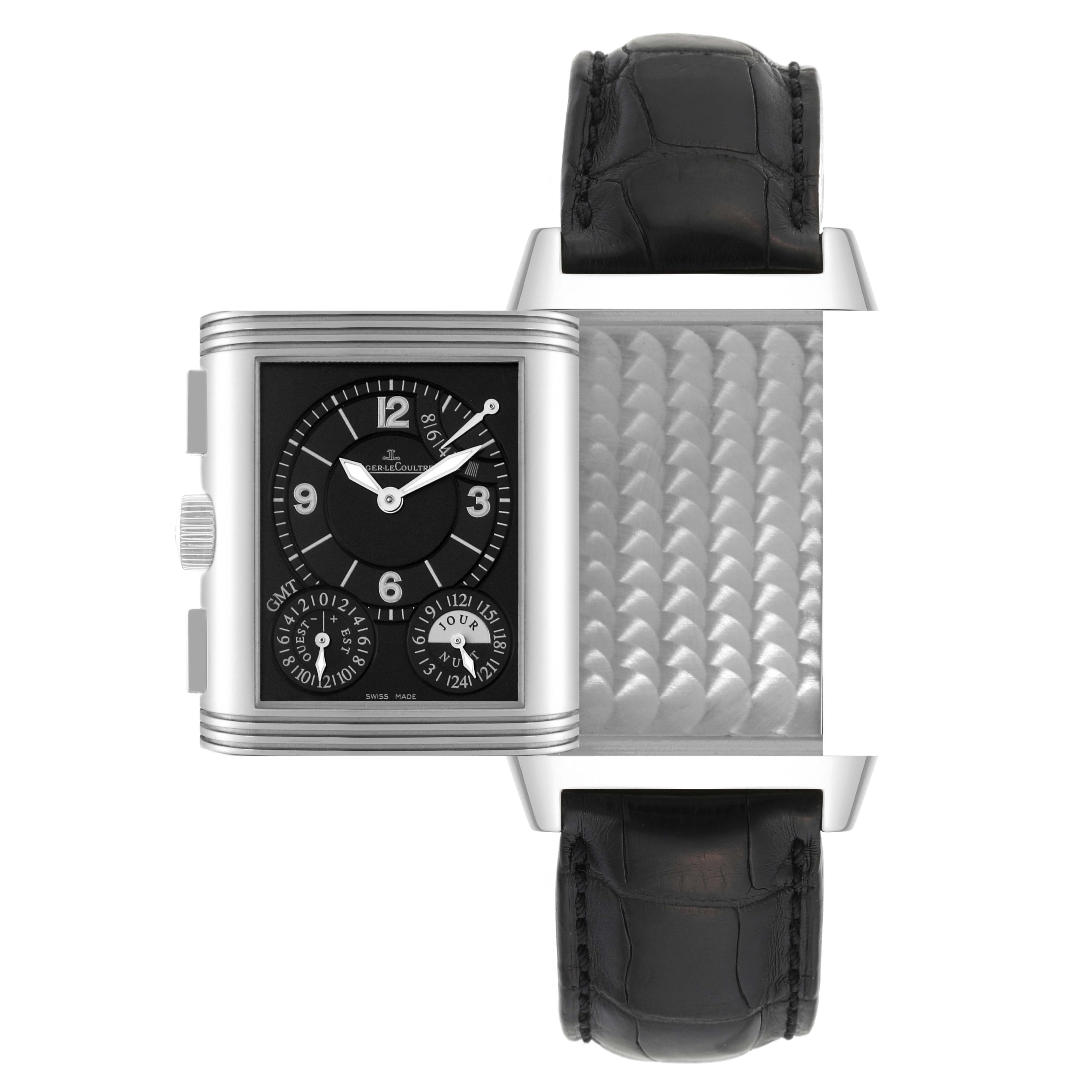 The image shows a front view of the Jaeger LeCoultre Reverso Q3028420 Men's Stainless Steel Silver Dial Q3028420 Men's Stainless Steel Silver Dial with its case partially rotated to display the back and leather strap.