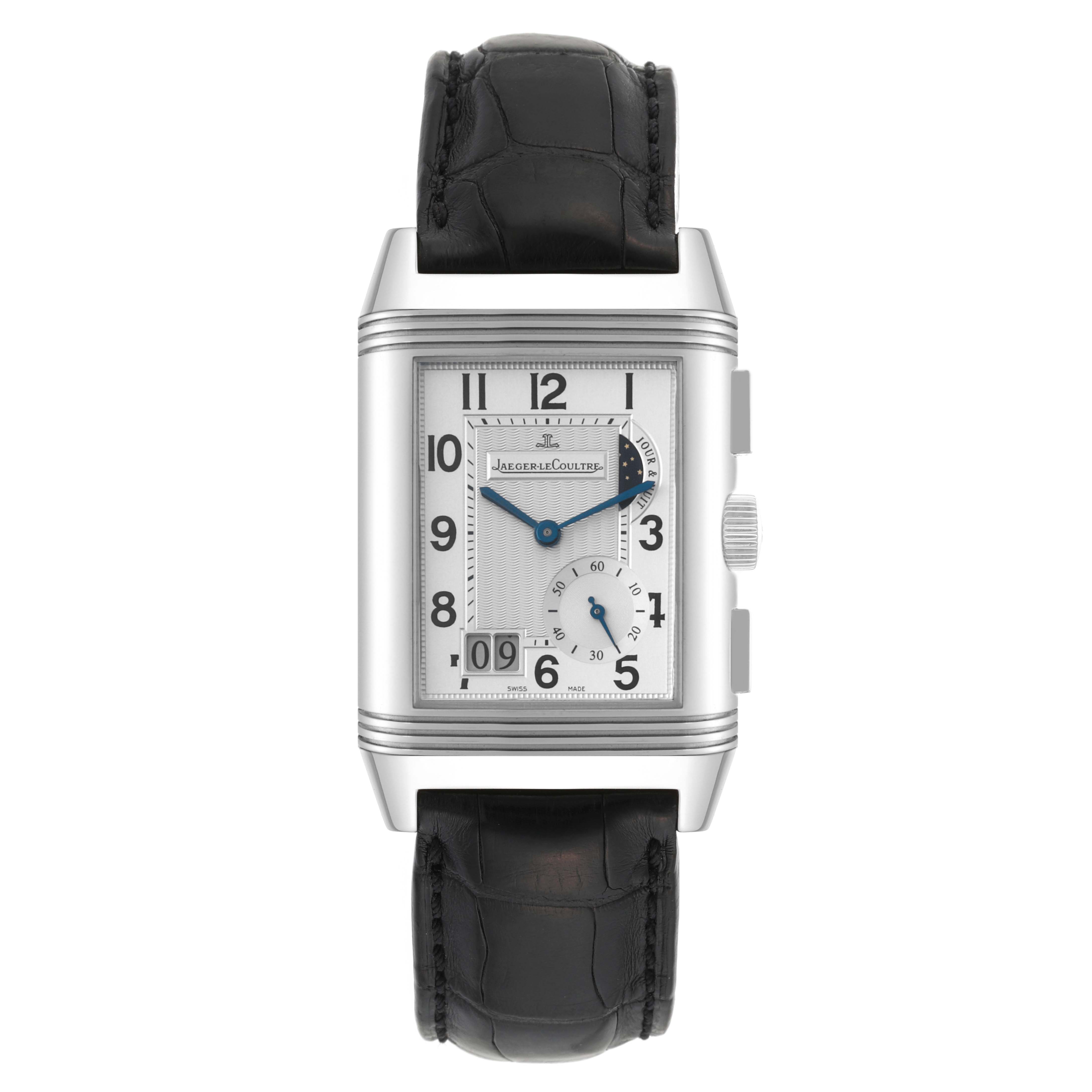 The image shows a front view of the Jaeger LeCoultre Reverso Q3028420 Men's Stainless Steel Silver Dial Q3028420 Men's Stainless Steel Silver Dial watch with its dial, crown, and leather strap visible.