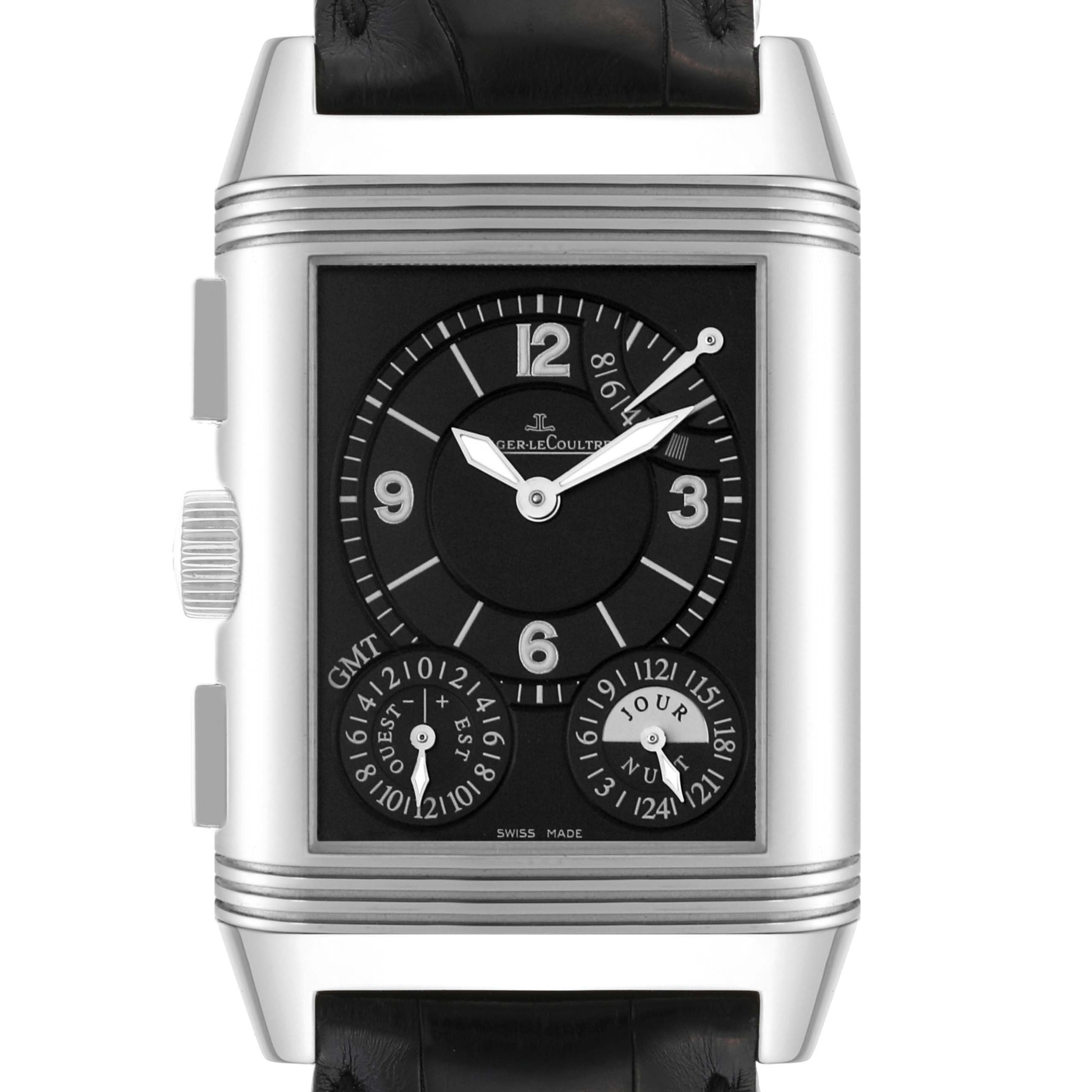 This image shows a frontal view of the Jaeger-LeCoultre Reverso watch, highlighting the dial and complication displays.