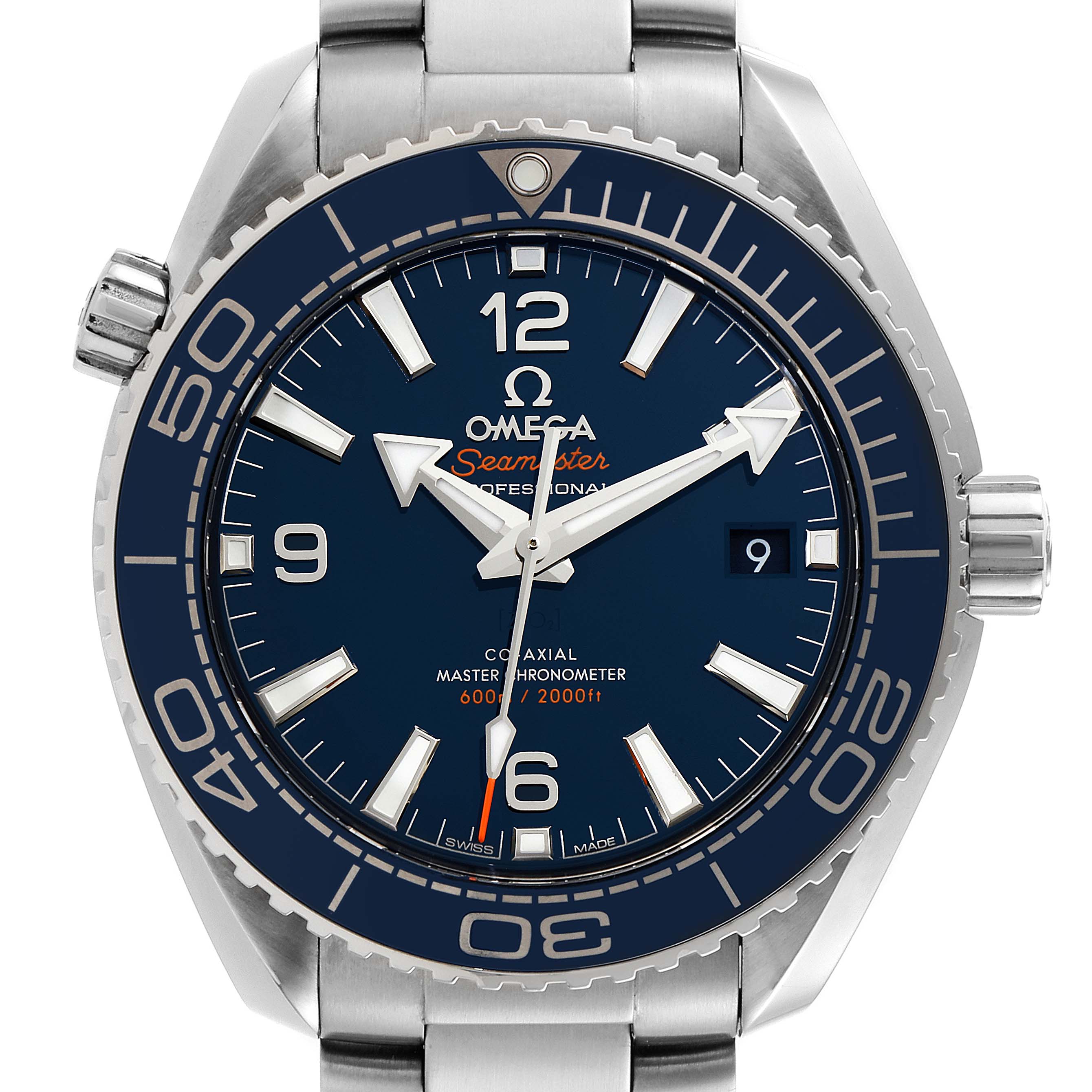 The image shows a front view of the Omega Seamaster Planet Ocean watch, highlighting the dial, bezel, and bracelet.