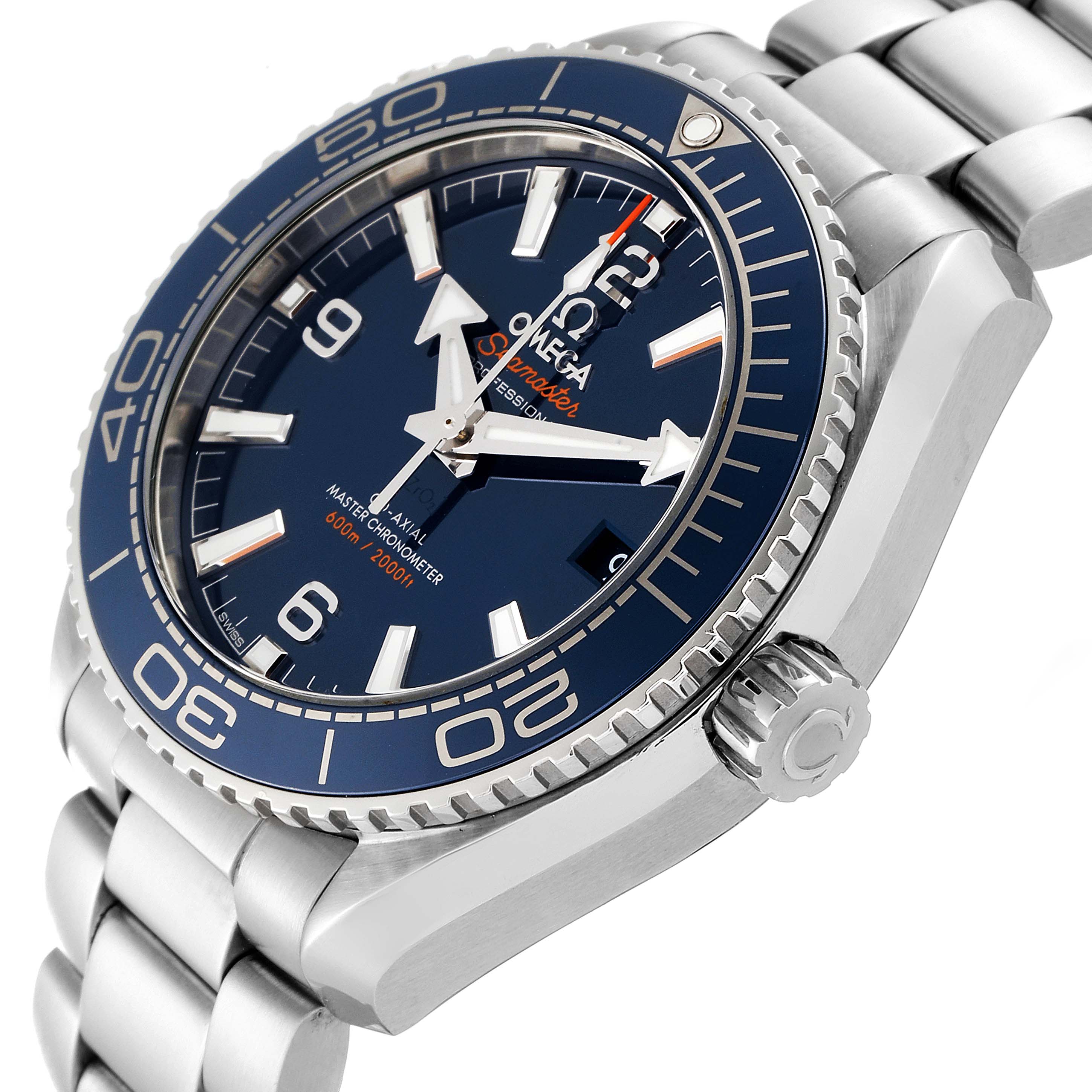 The image shows a side-angled view of the Omega Planet Ocean 215.30.40.20.03.001 Men
s Stainless Steel Blue Dial 215.30.40.20.03.001 Men
s Stainless Steel Blue Dial watch, highlighting its face, bezel, and bracelet.