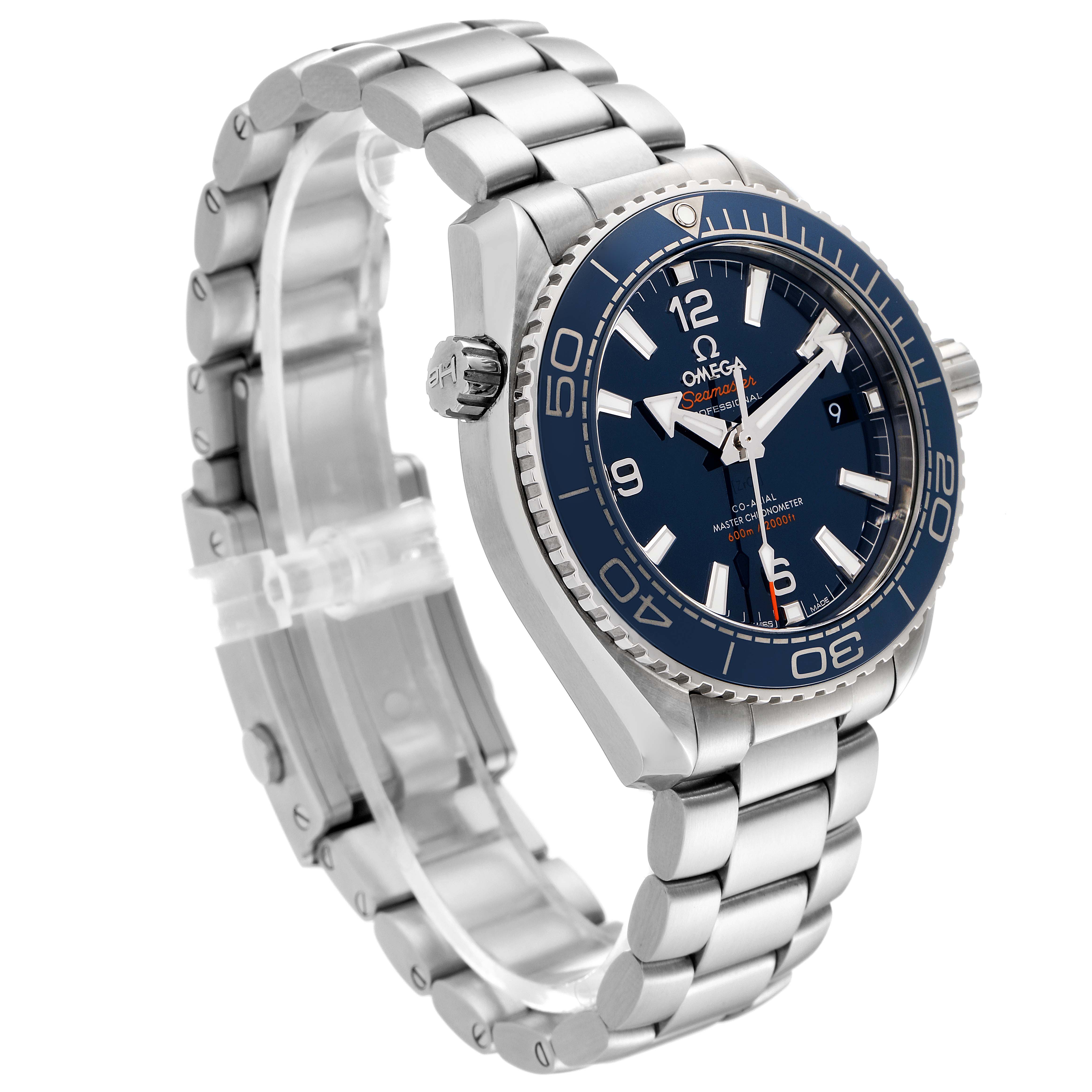 The image shows an angled front and side view of the Omega Planet Ocean 215.30.40.20.03.001 Men
s Stainless Steel Blue Dial 215.30.40.20.03.001 Men
s Stainless Steel Blue Dial watch, highlighting its dial, bezel, and metal bracelet.