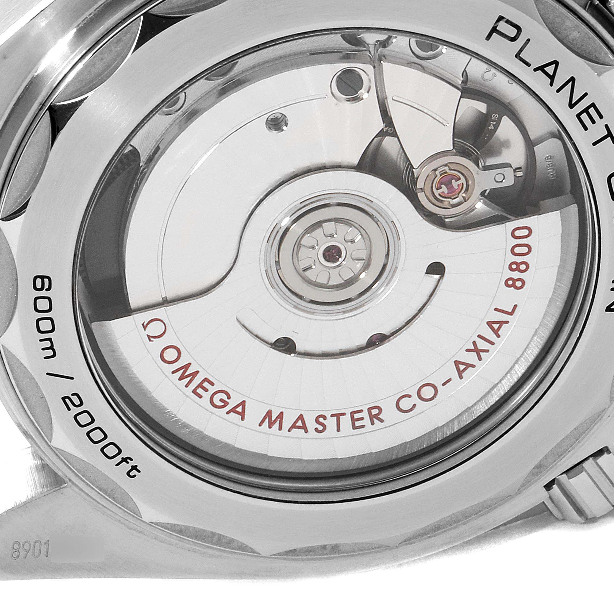 The image shows the back case of the Omega Planet Ocean 215.30.40.20.03.001 Men
s Stainless Steel Blue Dial 215.30.40.20.03.001 Men
s Stainless Steel Blue Dial watch, highlighting the Omega Master Co-Axial 8800 movement.