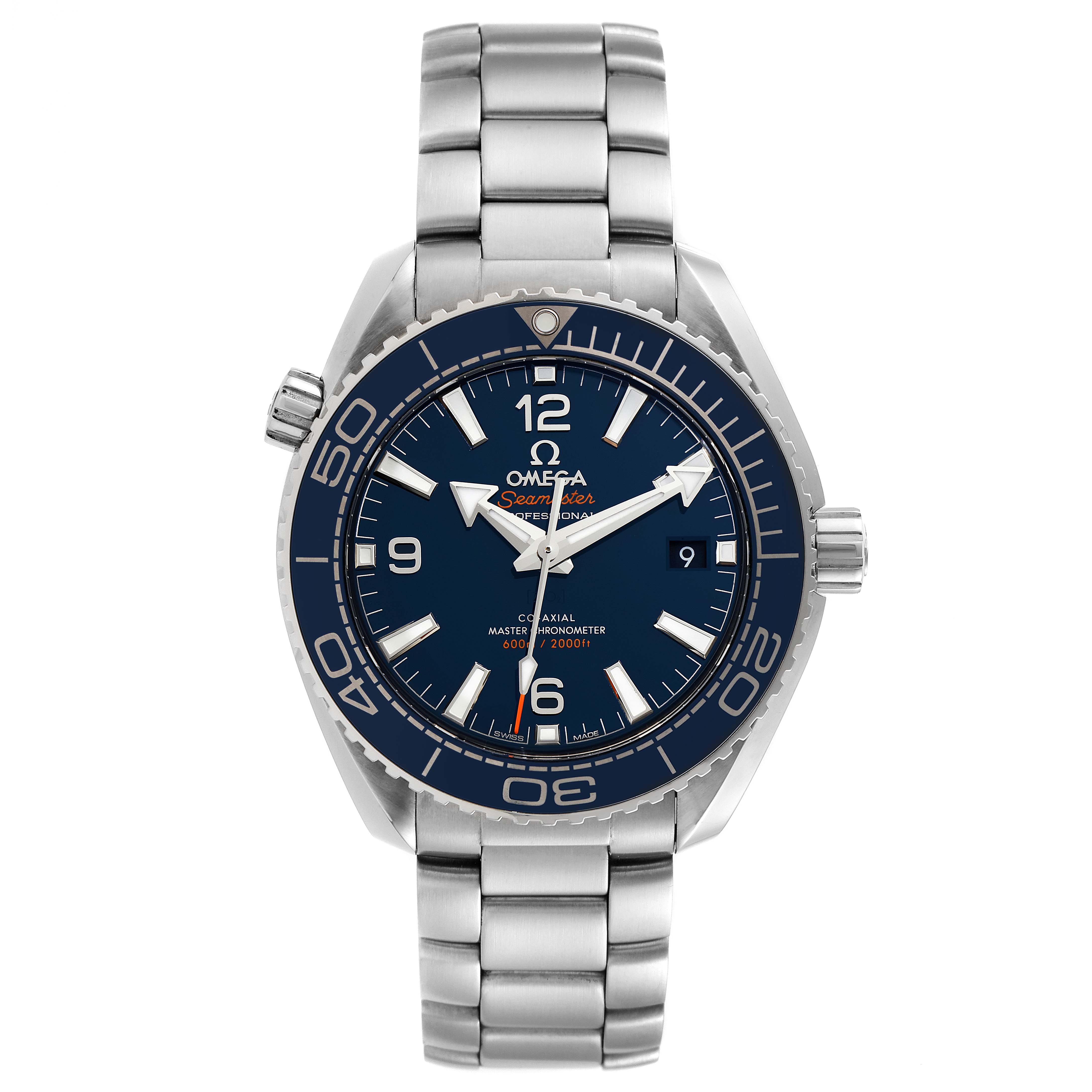 The image shows a front view of an Omega Planet Ocean 215.30.40.20.03.001 Men
s Stainless Steel Blue Dial 215.30.40.20.03.001 Men
s Stainless Steel Blue Dial model watch, including its face, bezel, crown, and metal bracelet.