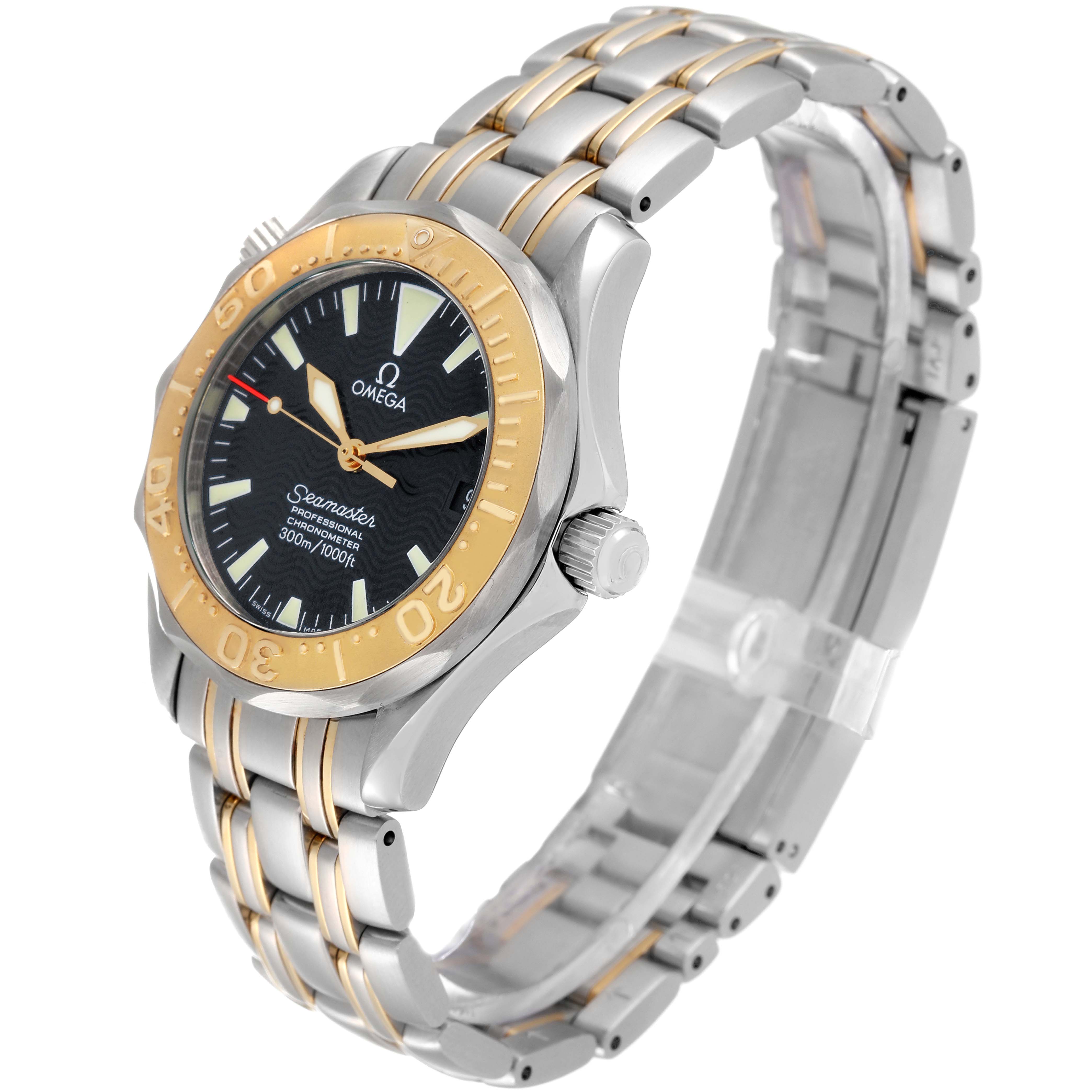 The Omega Seamaster 2453.50.00 Men's Steel and Gold (two tone) Black Dial 2453.50.00 Men's Steel and Gold (two tone) Black Dial watch is shown at a three-quarter angle, highlighting the face, bezel, crown, and two-tone bracelet.