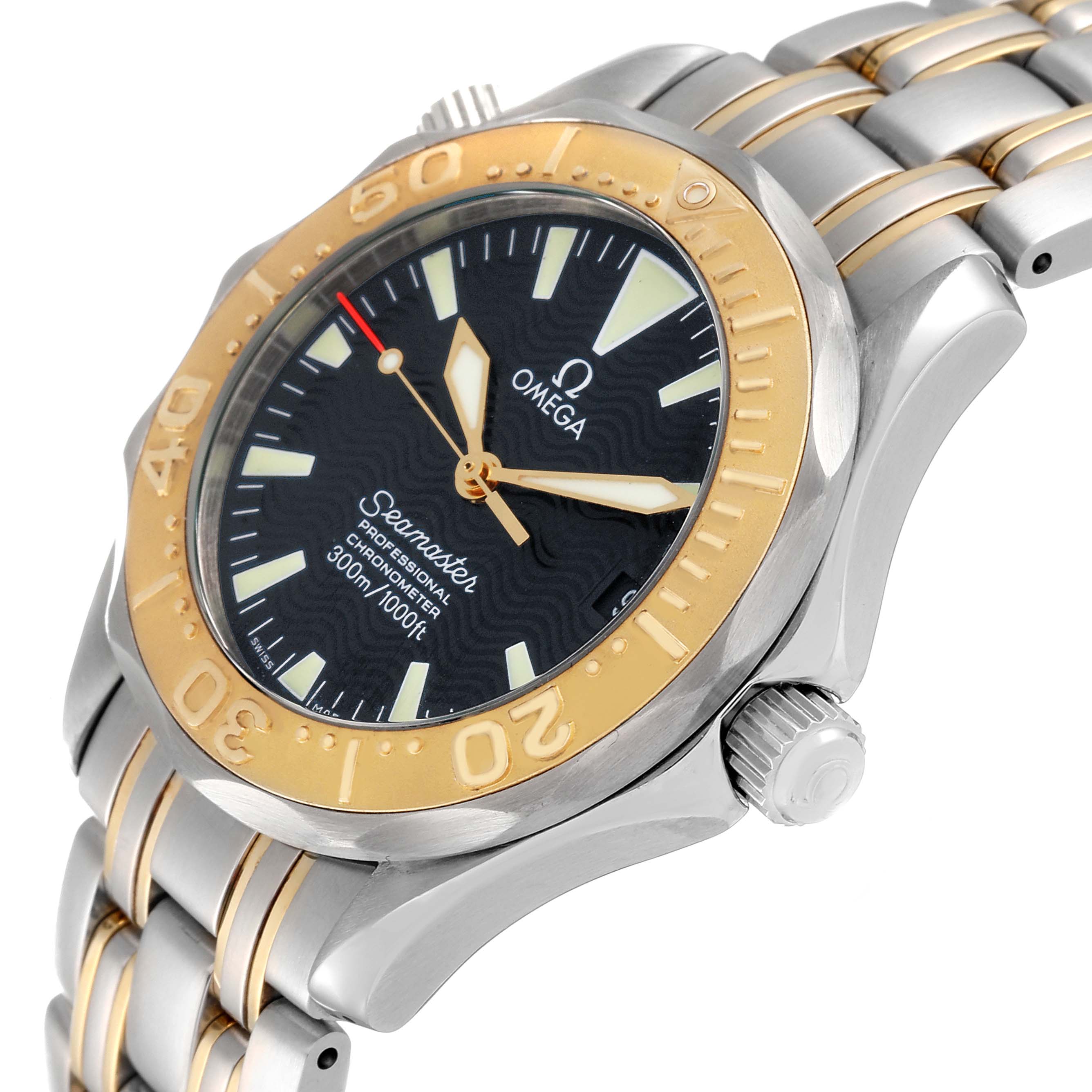 The image shows an Omega Seamaster 2453.50.00 Men's Steel and Gold (two tone) Black Dial 2453.50.00 Men's Steel and Gold (two tone) Black Dial watch at an angle highlighting the face, bezel, crown, and part of the bracelet.