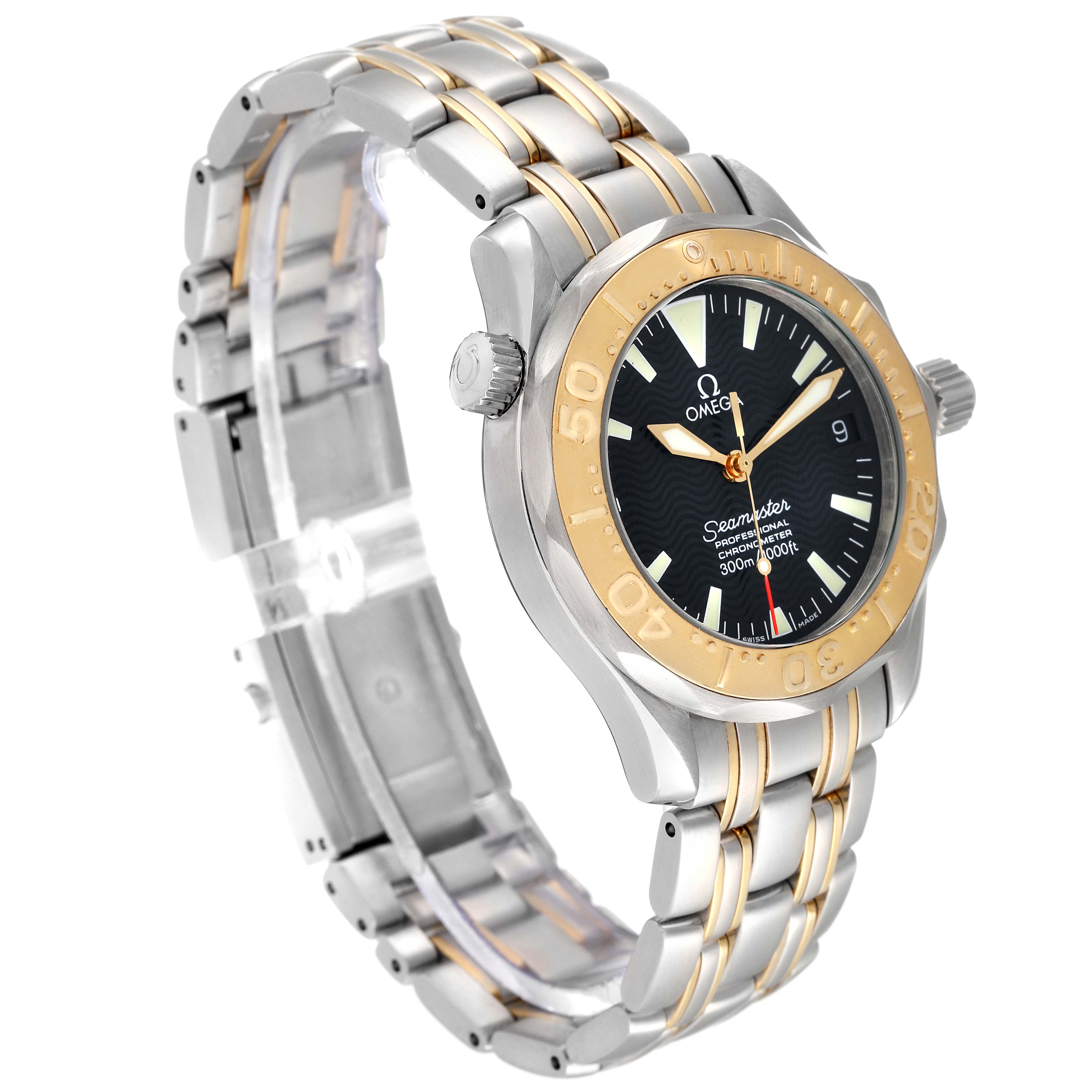 The Omega Seamaster 2453.50.00 Men's Steel and Gold (two tone) Black Dial 2453.50.00 Men's Steel and Gold (two tone) Black Dial watch is shown at a three-quarter angle, highlighting the face, bezel, and bracelet.