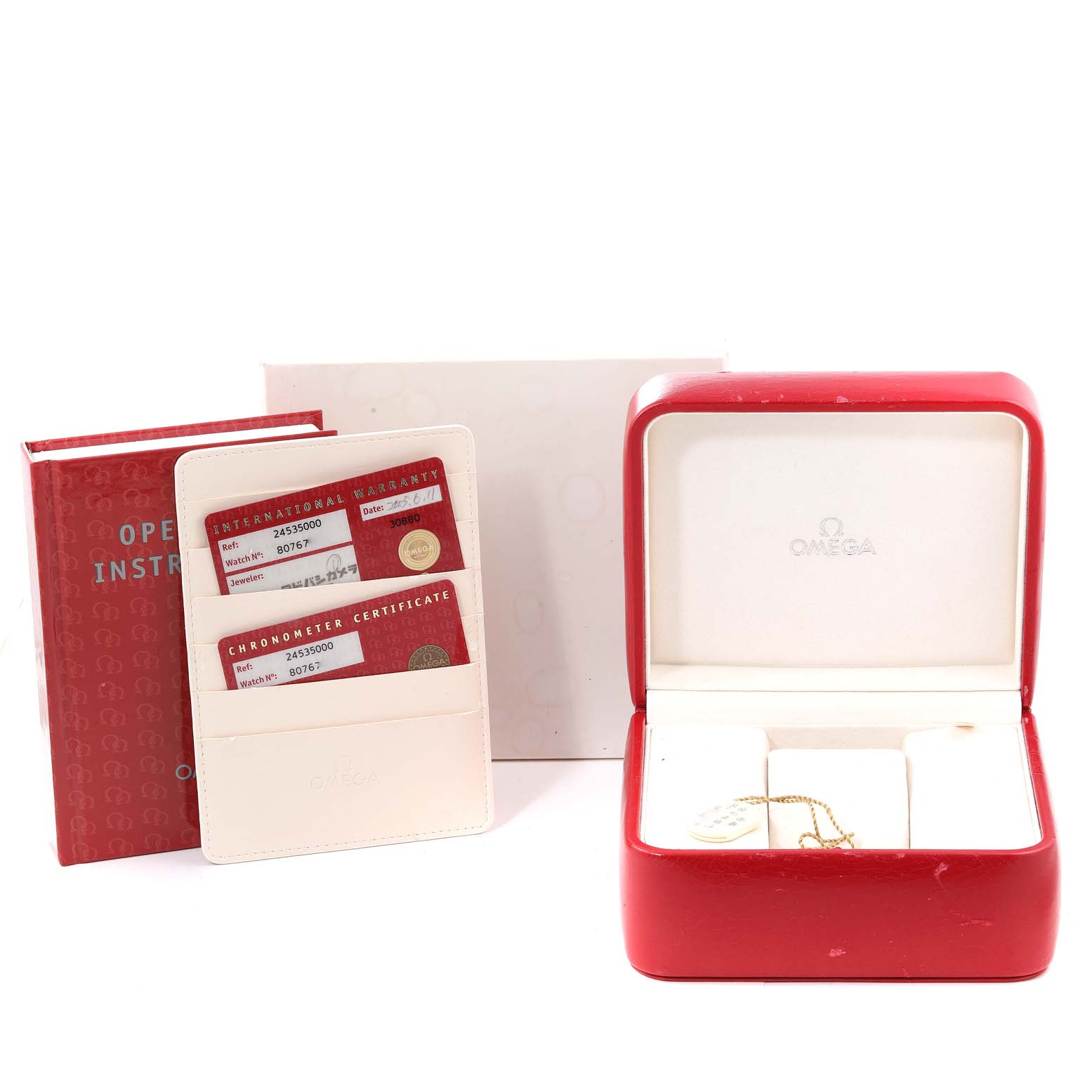 The image shows the Omega Seamaster 2453.50.00 Men's Steel and Gold (two tone) Black Dial 2453.50.00 Men's Steel and Gold (two tone) Black Dial packaging, including the red box, warranty cards, instruction manual, and certificate.