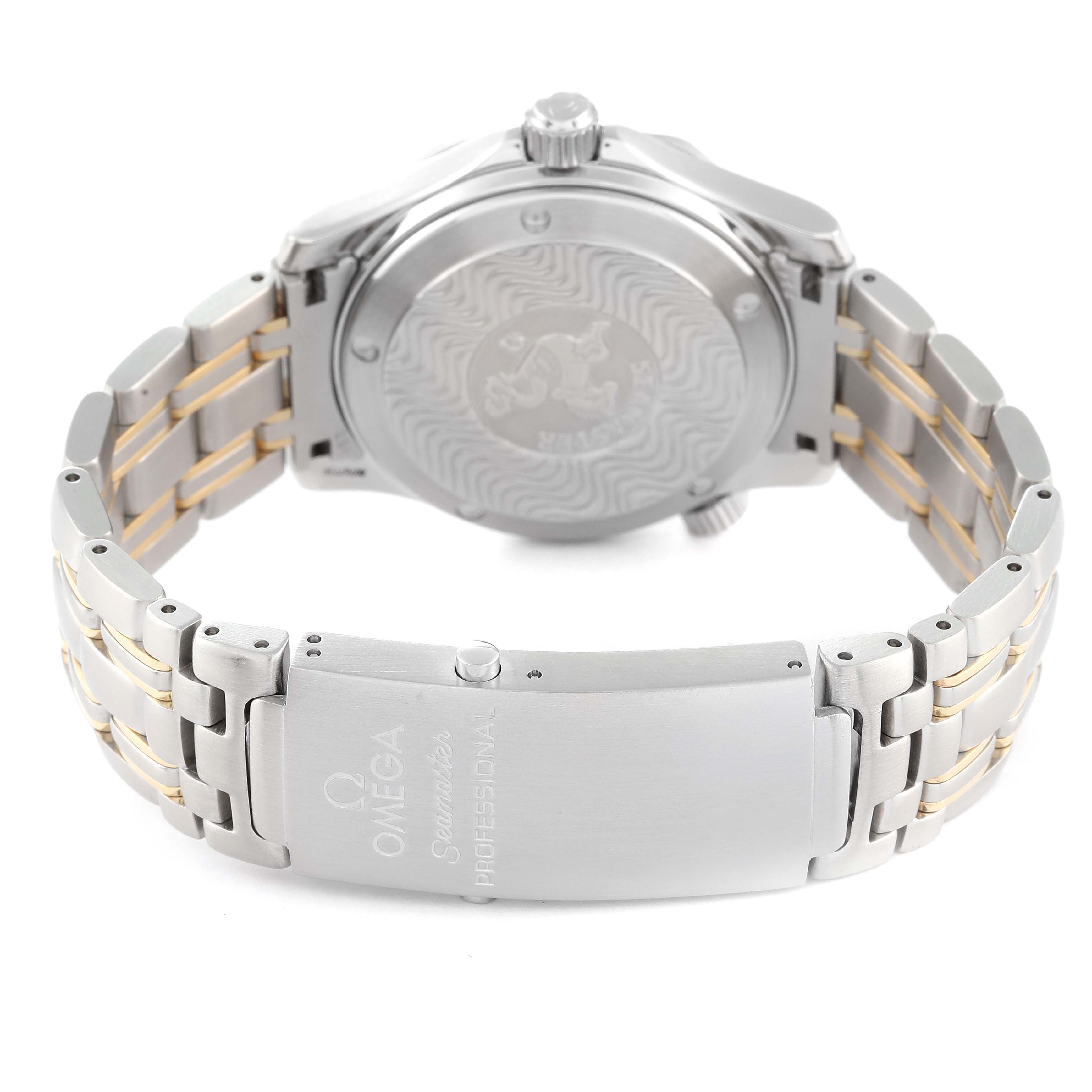 The image shows the back of an Omega Seamaster 2453.50.00 Men's Steel and Gold (two tone) Black Dial 2453.50.00 Men's Steel and Gold (two tone) Black Dial watch, including the case back, bracelet, and clasp.