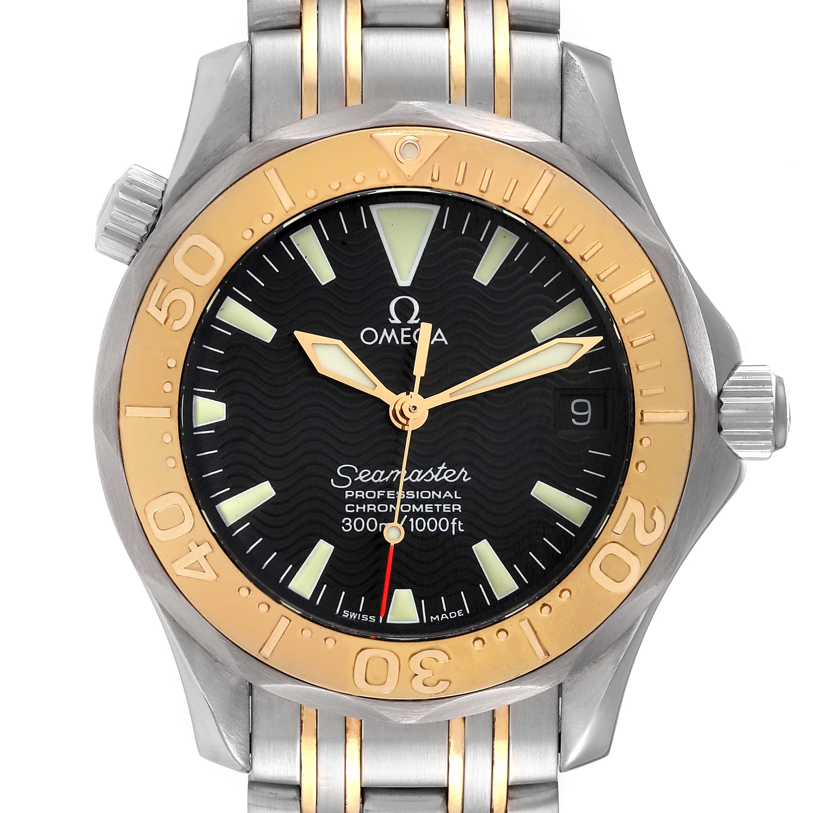 The image shows a front view of an Omega Seamaster 2453.50.00 Men's Steel and Gold (two tone) Black Dial 2453.50.00 Men's Steel and Gold (two tone) Black Dial watch, highlighting the bezel, dial, hands, and part of the bracelet.