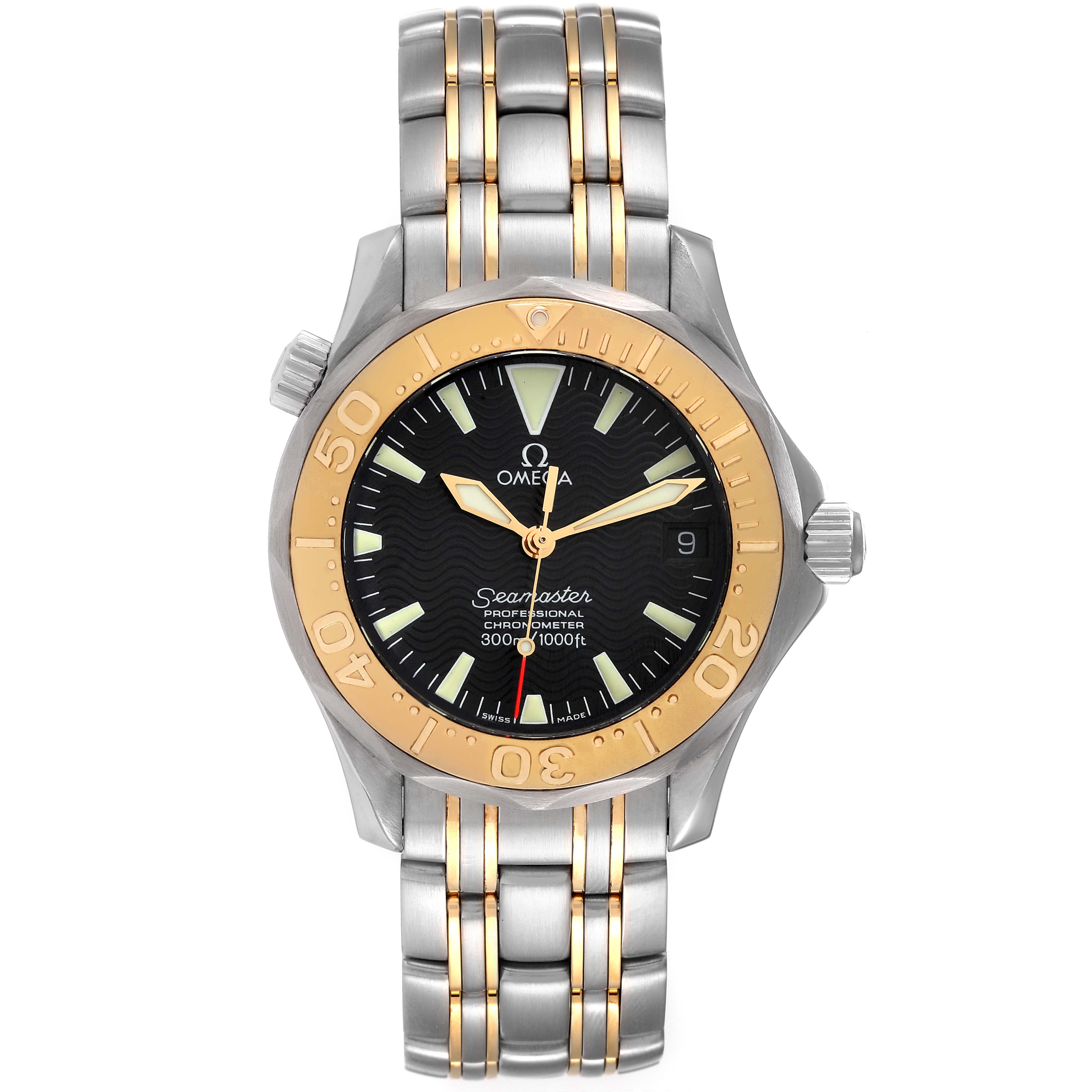 The watch is an Omega Seamaster 2453.50.00 Men's Steel and Gold (two tone) Black Dial 2453.50.00 Men's Steel and Gold (two tone) Black Dial model, shown from a front view, displaying the dial, bezel, and bracelet.