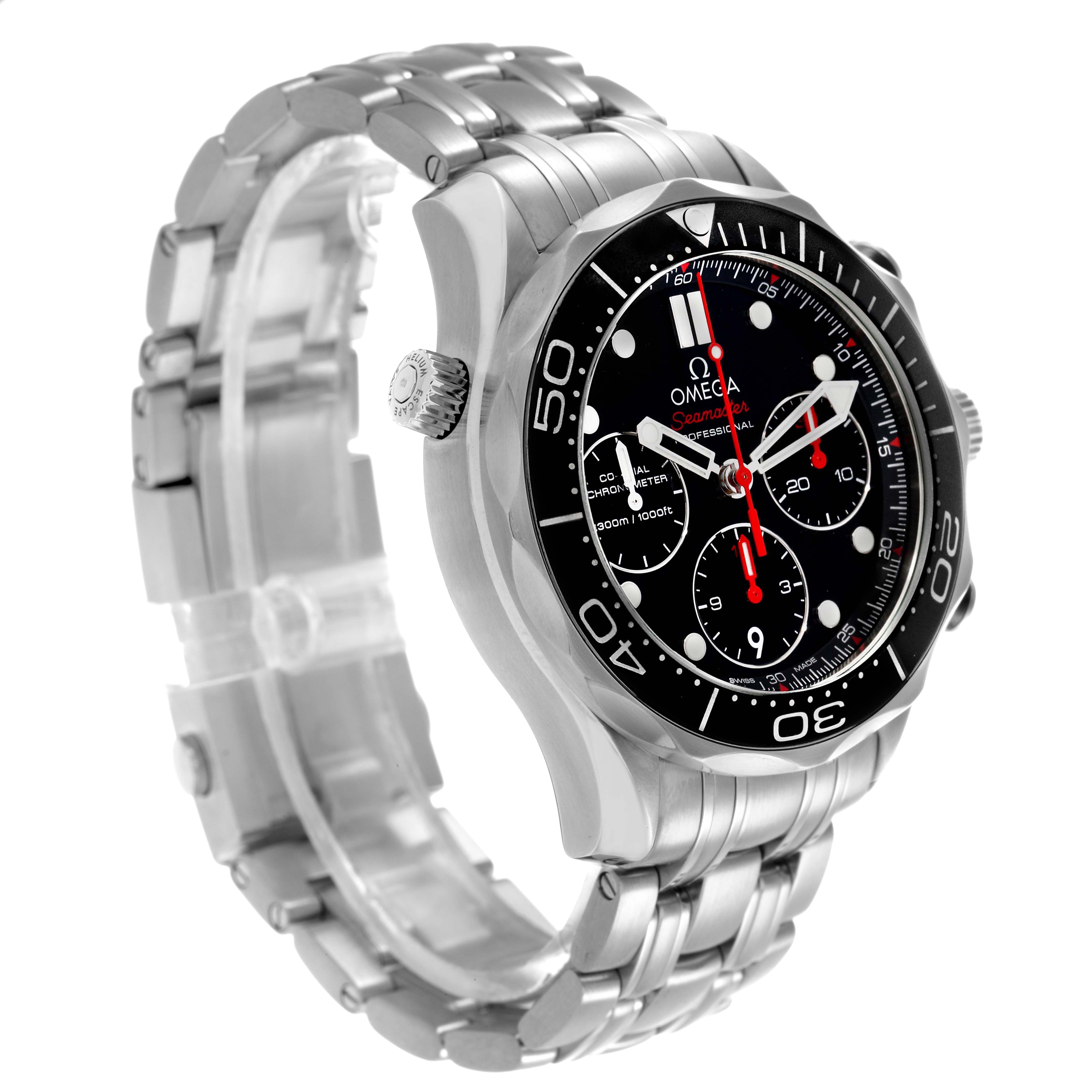 The Omega Seamaster 212.30.42.50.01.001 Men's Stainless Steel Black Dial watch is shown at a side angle, displaying its bracelet, crown, and detailed face with bezel.