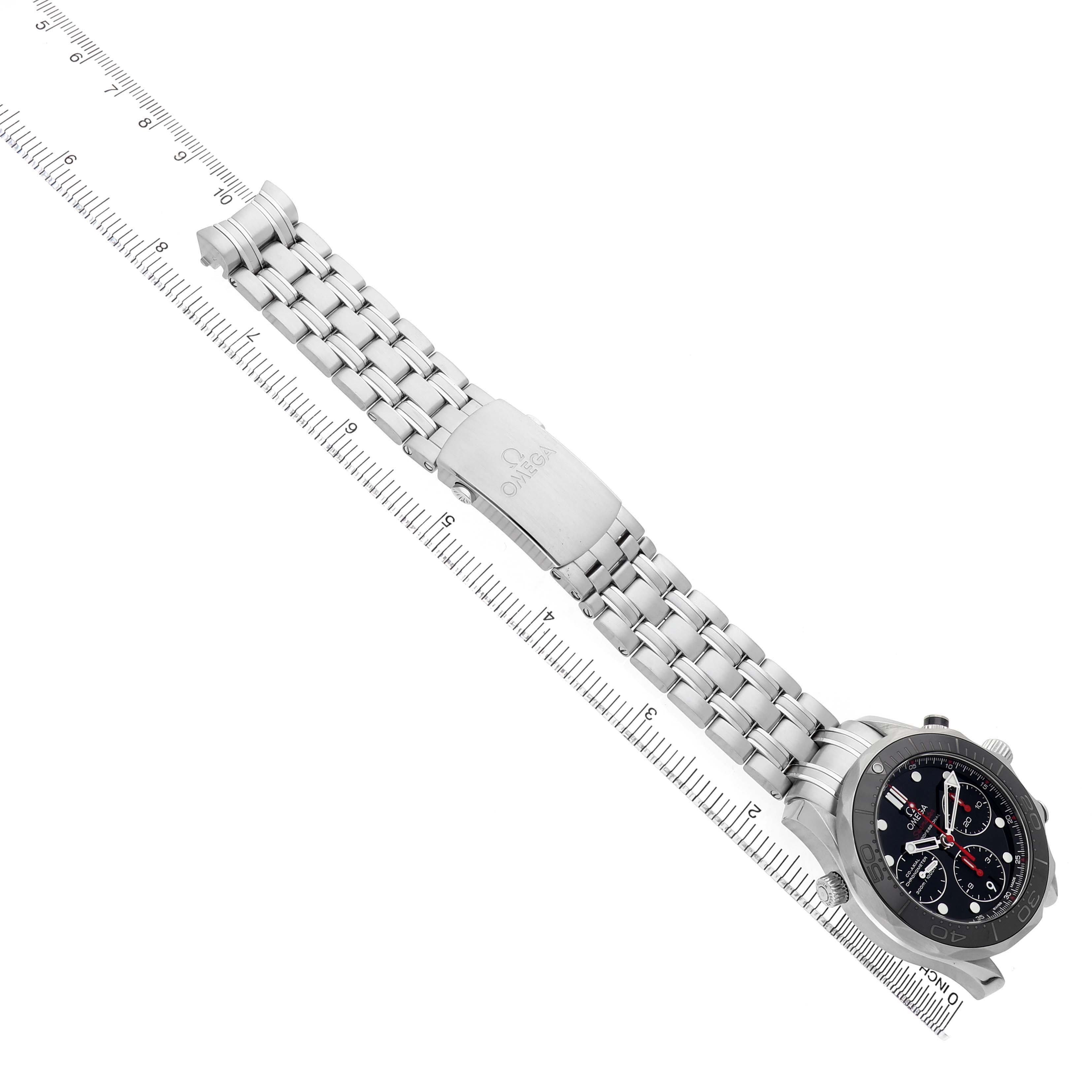 The Omega Seamaster 212.30.42.50.01.001 Men's Stainless Steel Black Dial watch is shown at an angle with the face, bezel, bracelet, and clasp visible.