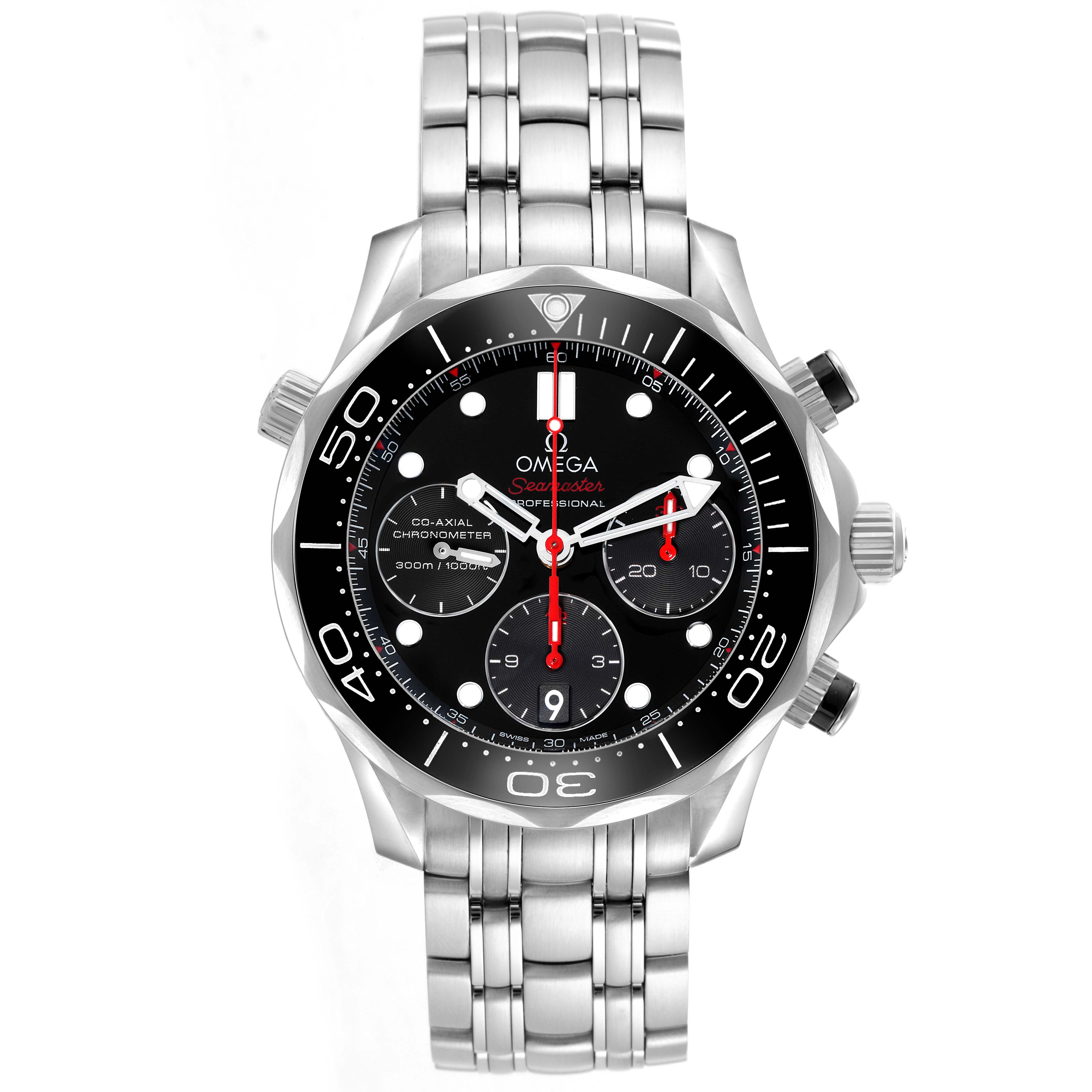 The Omega Seamaster 212.30.42.50.01.001 Men's Stainless Steel Black Dial watch is shown from the front, displaying its dial, bezel, and bracelet clearly.