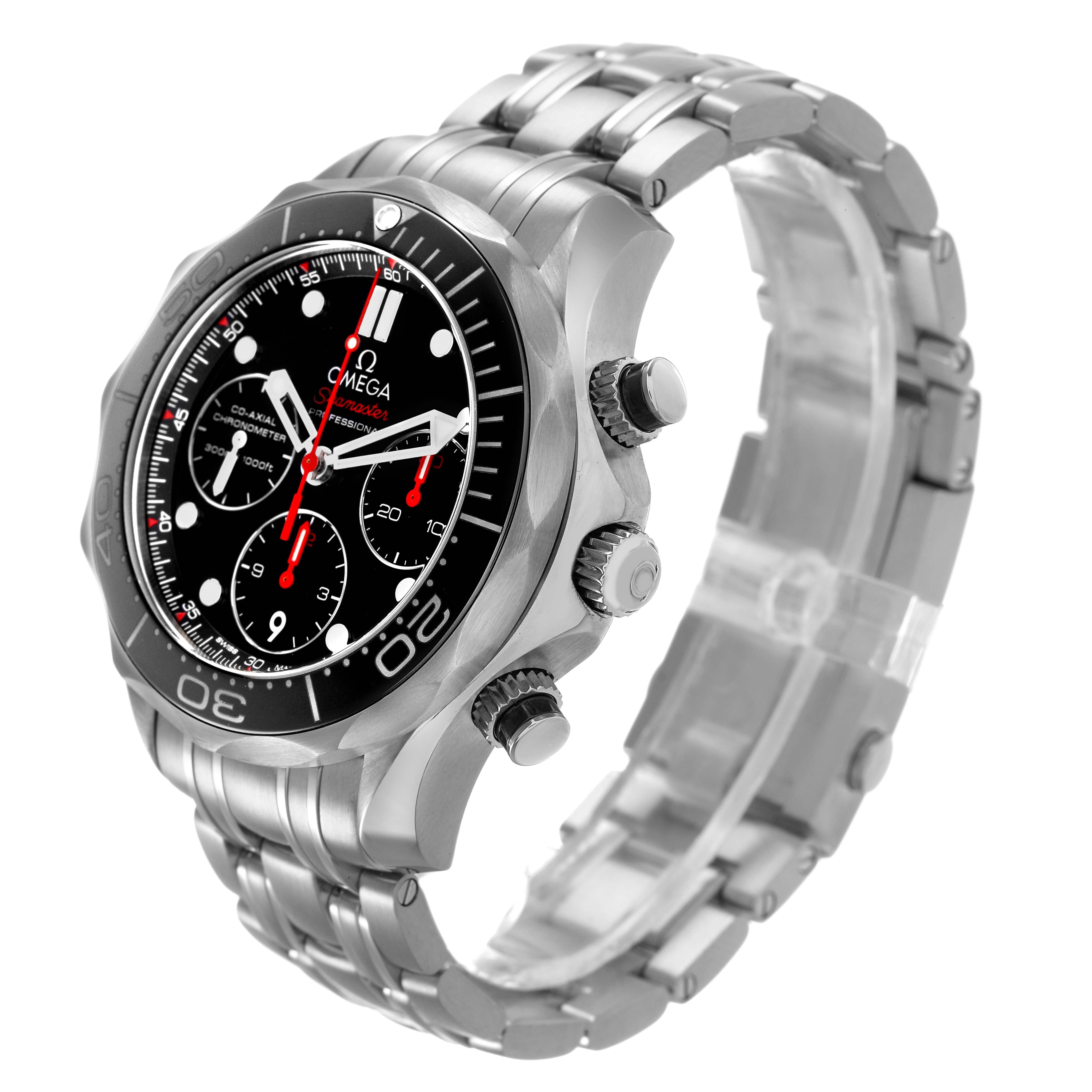The Omega Seamaster 212.30.42.50.01.001 Men's Stainless Steel Black Dial watch is shown at a slight angle, highlighting the face, bezel, crown, pushers, and part of the bracelet.