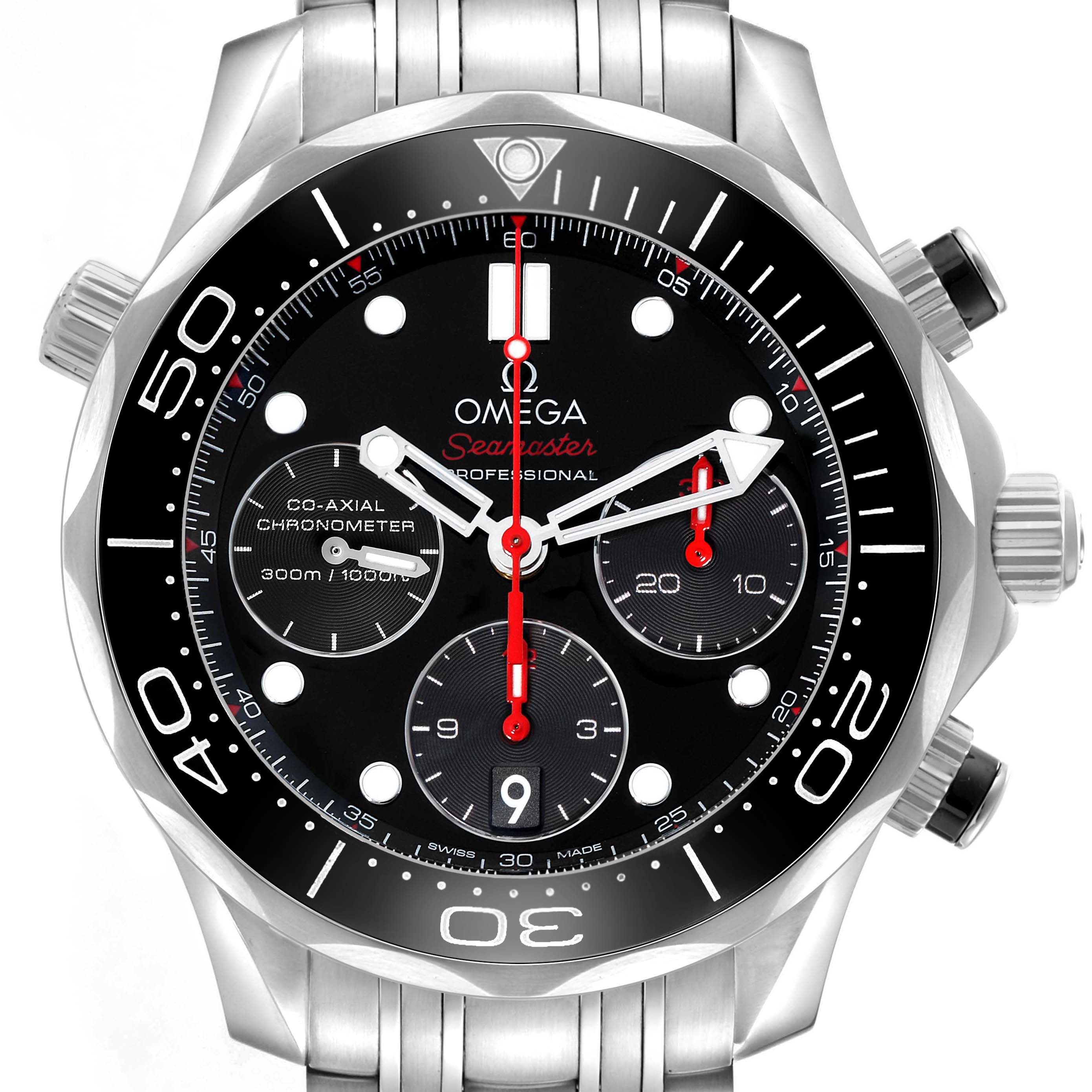 The image shows a front view of an Omega Seamaster 212.30.42.50.01.001 Men's Stainless Steel Black Dial watch, highlighting the face, bezel, and side buttons.