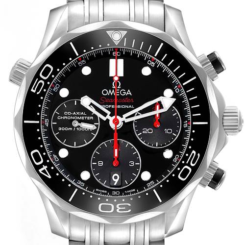 The Omega Seamaster 212.30.42.50.01.001 Men's Stainless Steel Black Dial watch is shown from the front, displaying its dial, bezel, crown, and pushers.