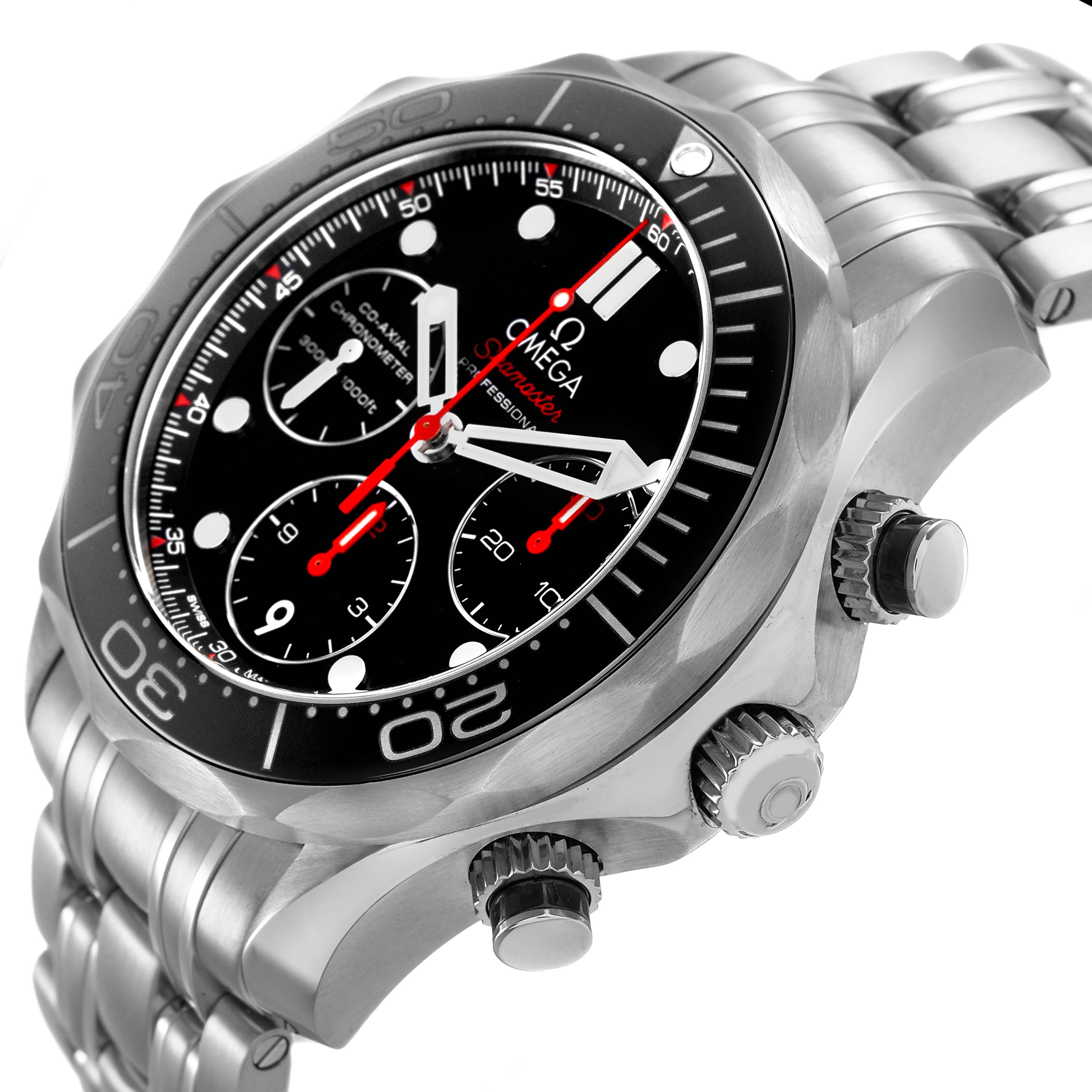 The Omega Seamaster 212.30.42.50.01.001 Men's Stainless Steel Black Dial watch is shown from an angled close-up, highlighting the bezel, dial, and side buttons.