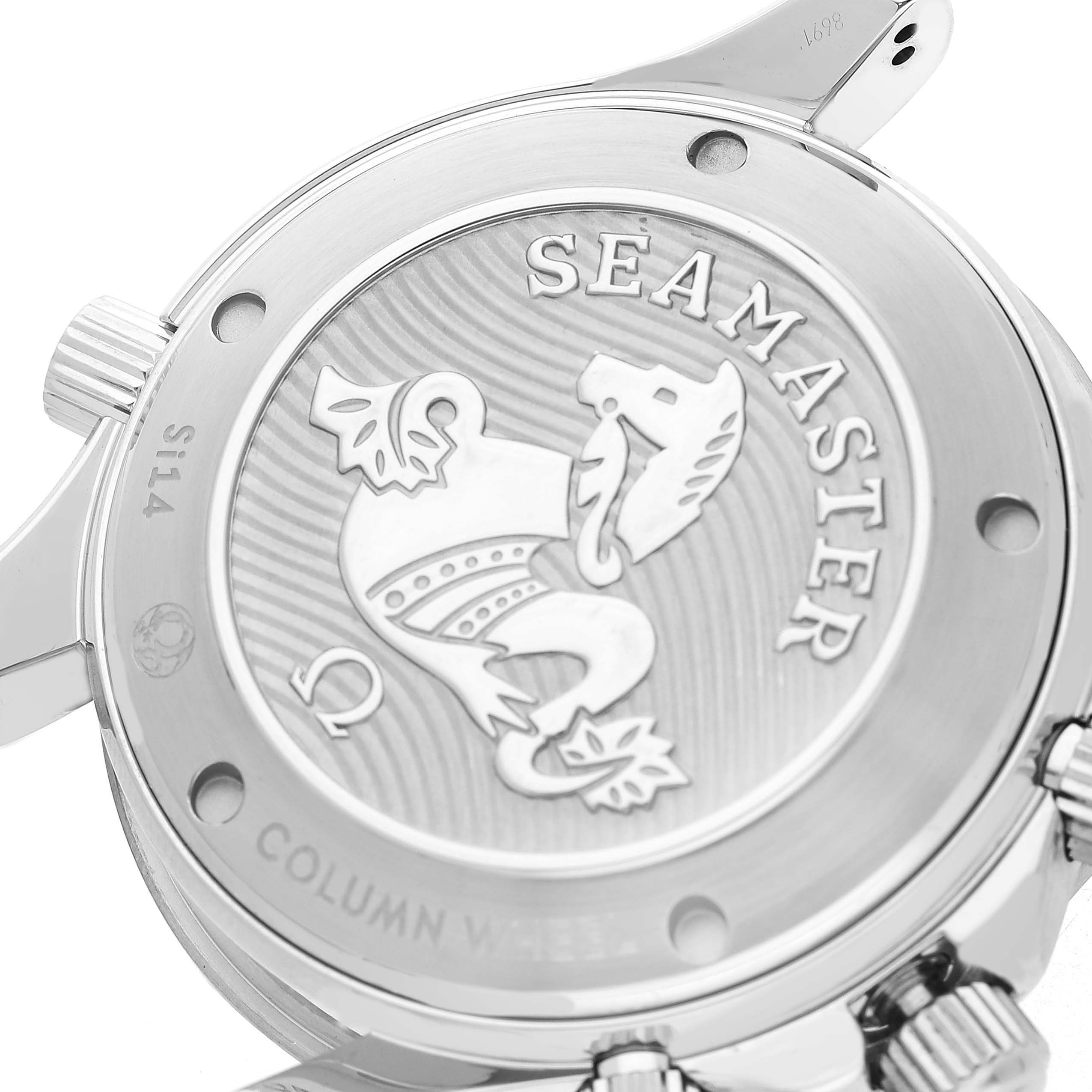 The image shows the back of an Omega Seamaster 212.30.42.50.01.001 Men's Stainless Steel Black Dial watch, highlighting the engraved emblem and model details.