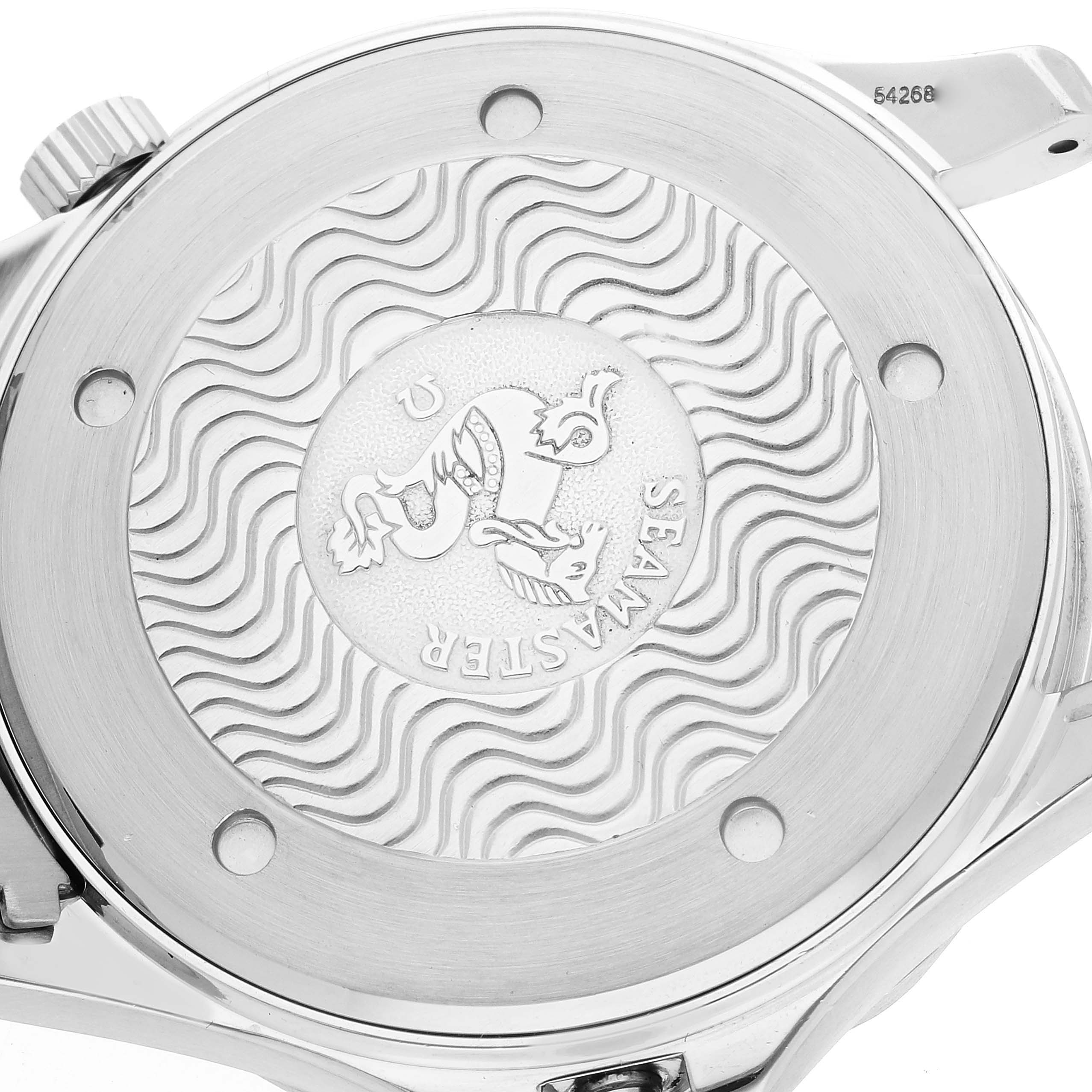 The image shows the back case of an Omega Seamaster 2541.80.00 Men's Stainless Steel Blue Dial 2541.80.00 Men's Stainless Steel Blue Dial watch, featuring the Seamaster logo and wavy detailing.