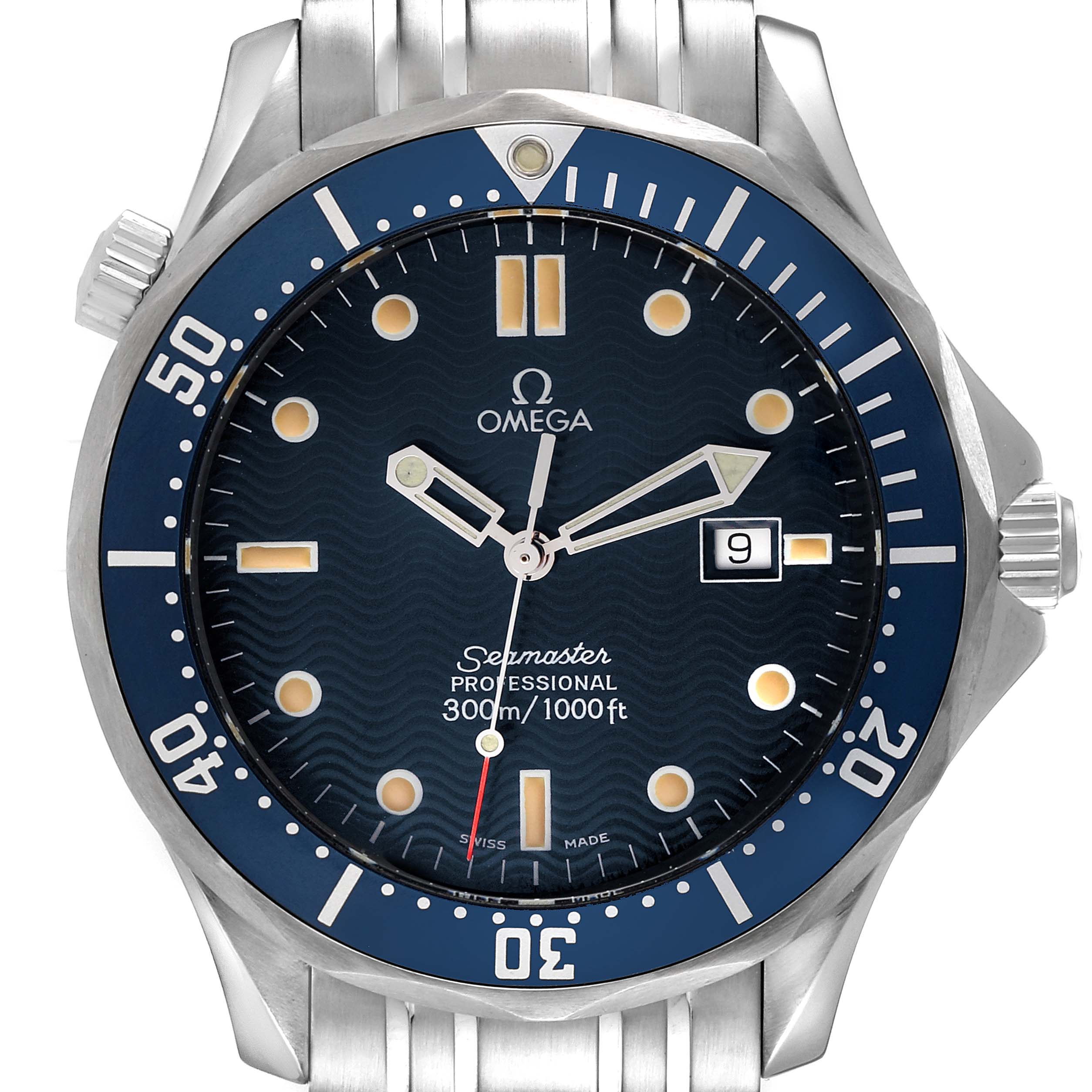The image shows a frontal view of the Omega Seamaster 2541.80.00 Men's Stainless Steel Blue Dial 2541.80.00 Men's Stainless Steel Blue Dial Professional watch, displaying its face, bezel, crown, and part of the bracelet.